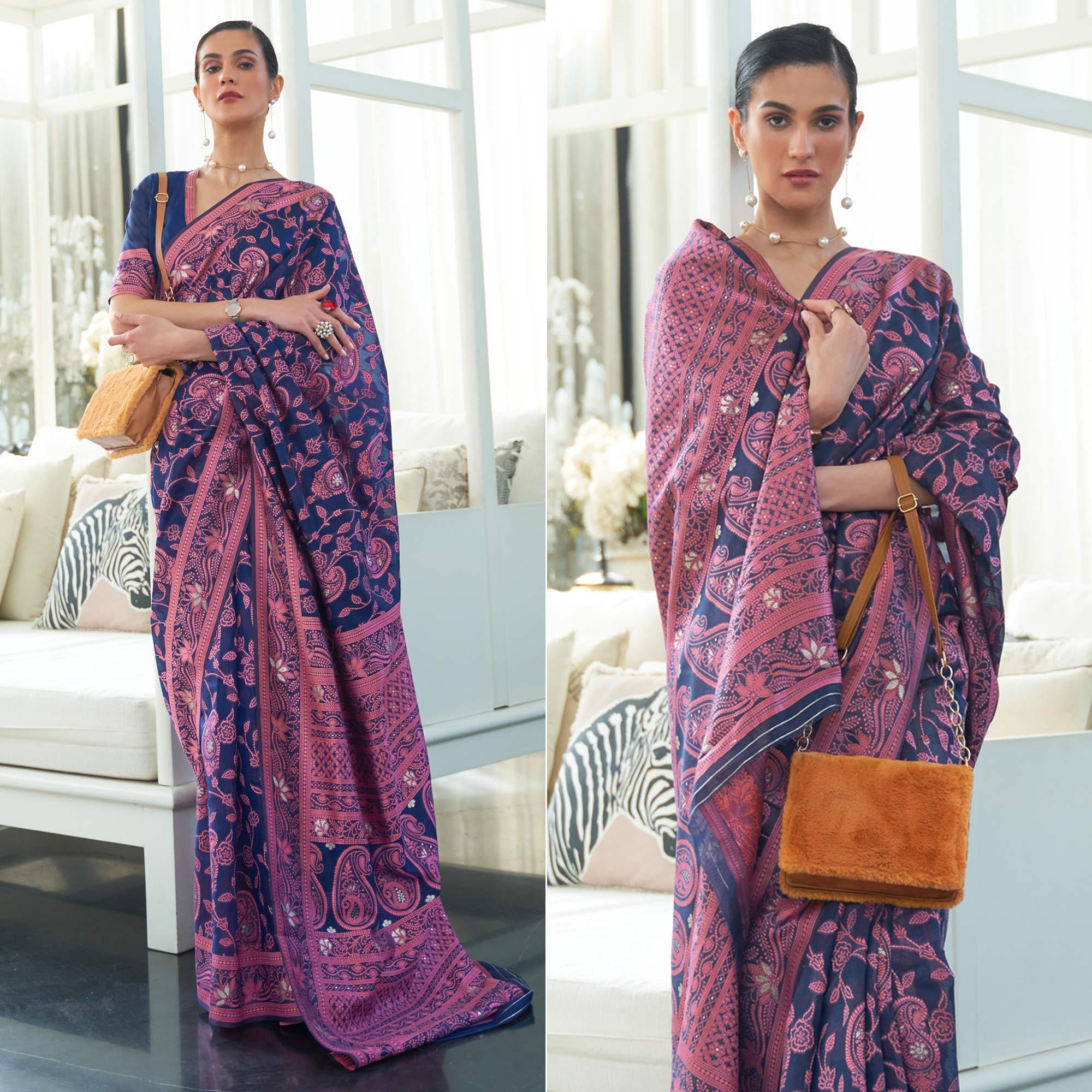 Blue Floral Printed Modal Saree - Peachmode