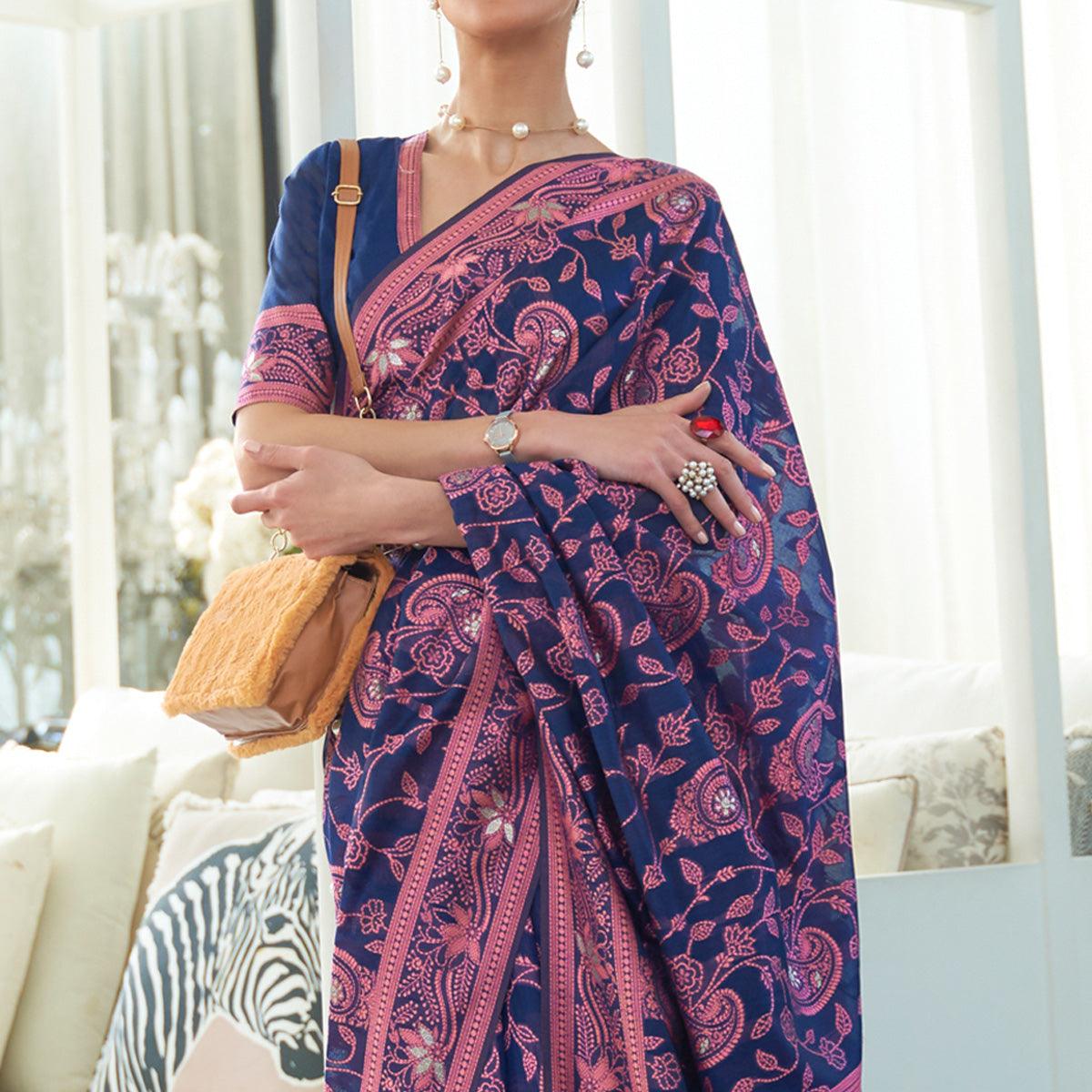 Blue Floral Printed Modal Saree - Peachmode