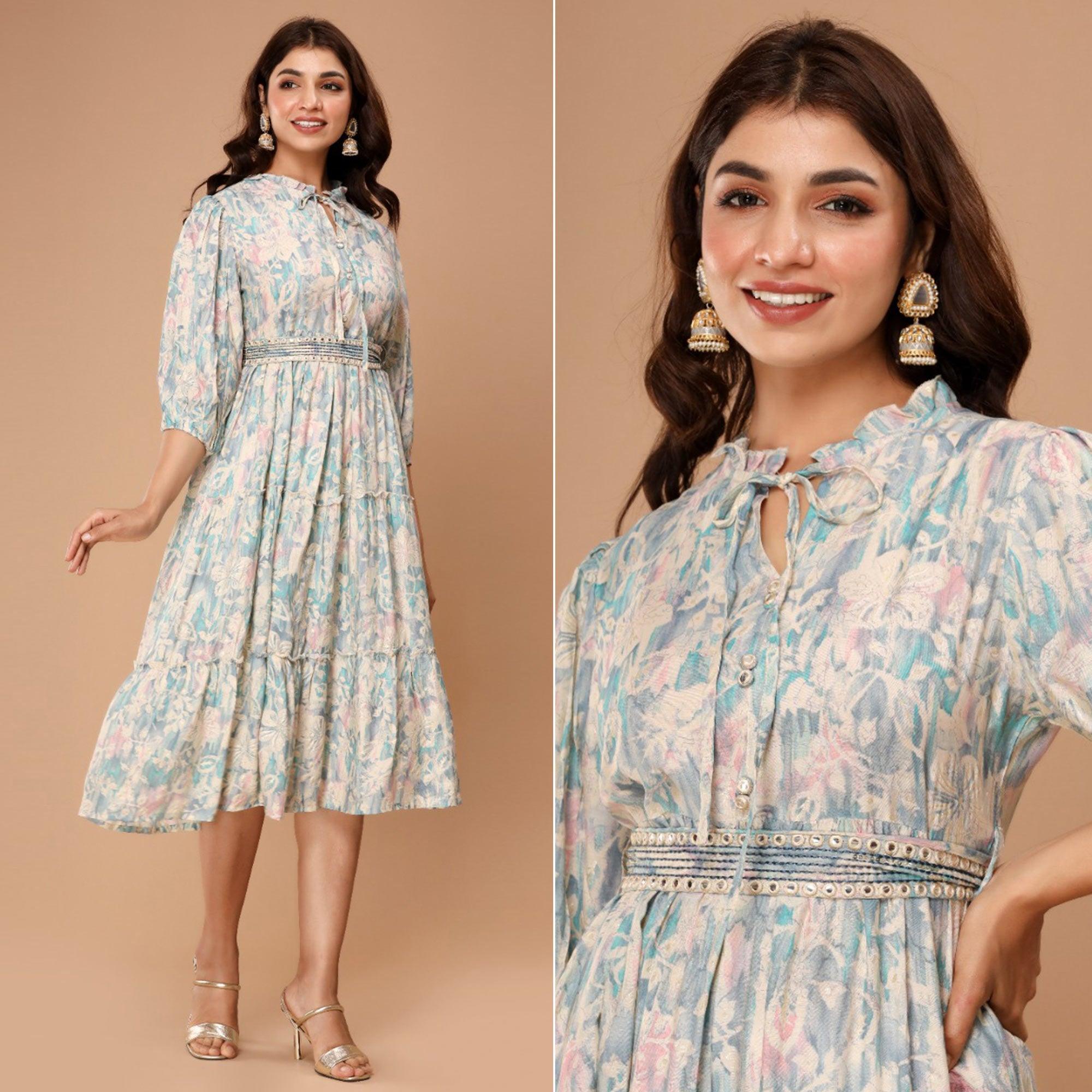 Blue Floral Printed Muslin Dress - Peachmode