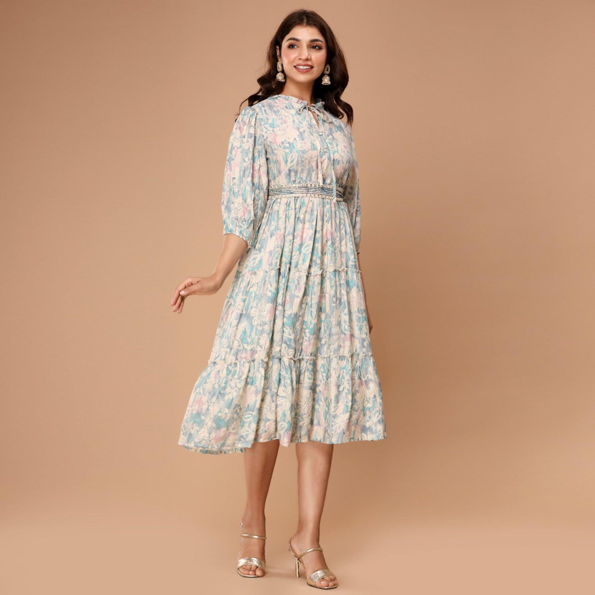 Blue Floral Printed Muslin Dress - Peachmode