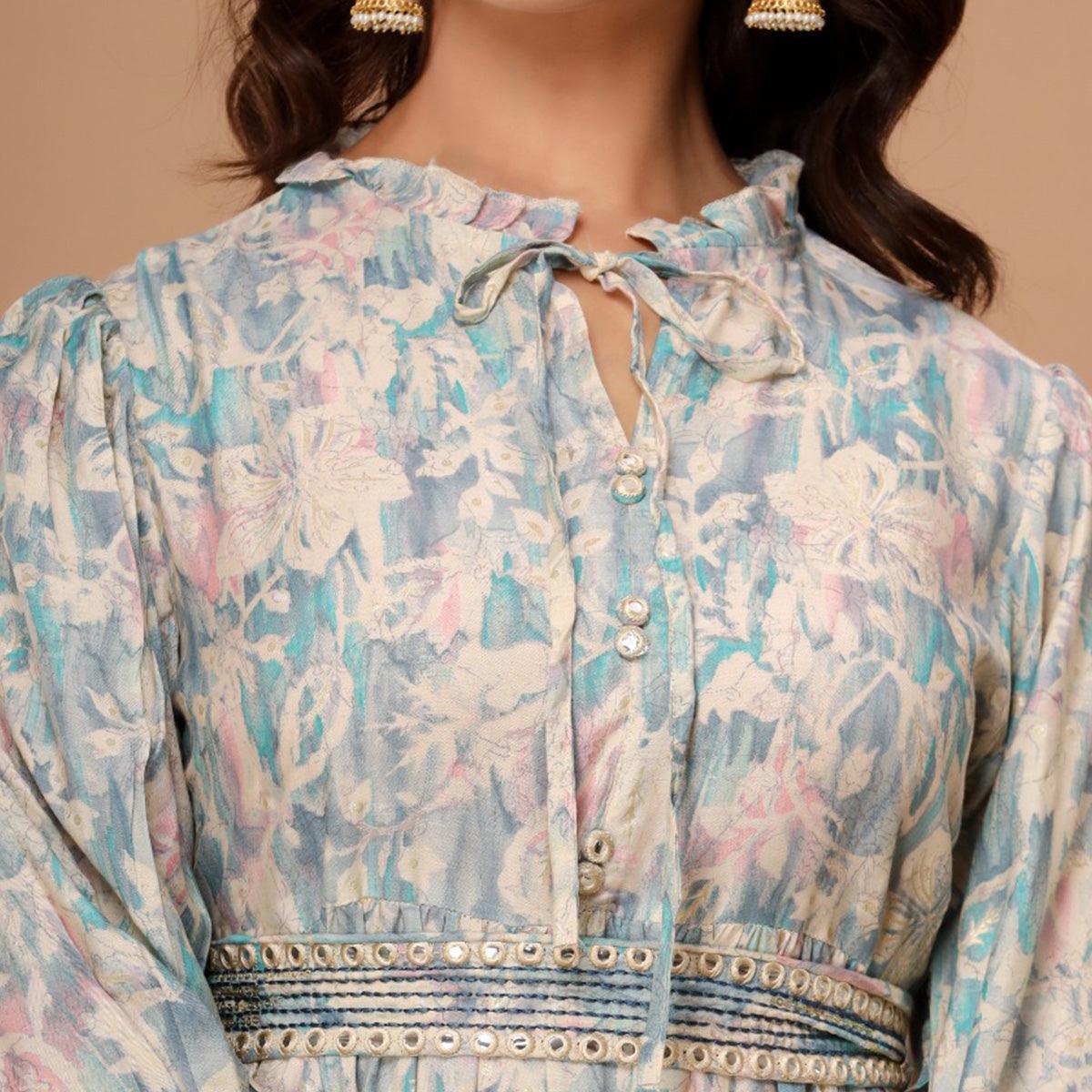 Blue Floral Printed Muslin Dress - Peachmode