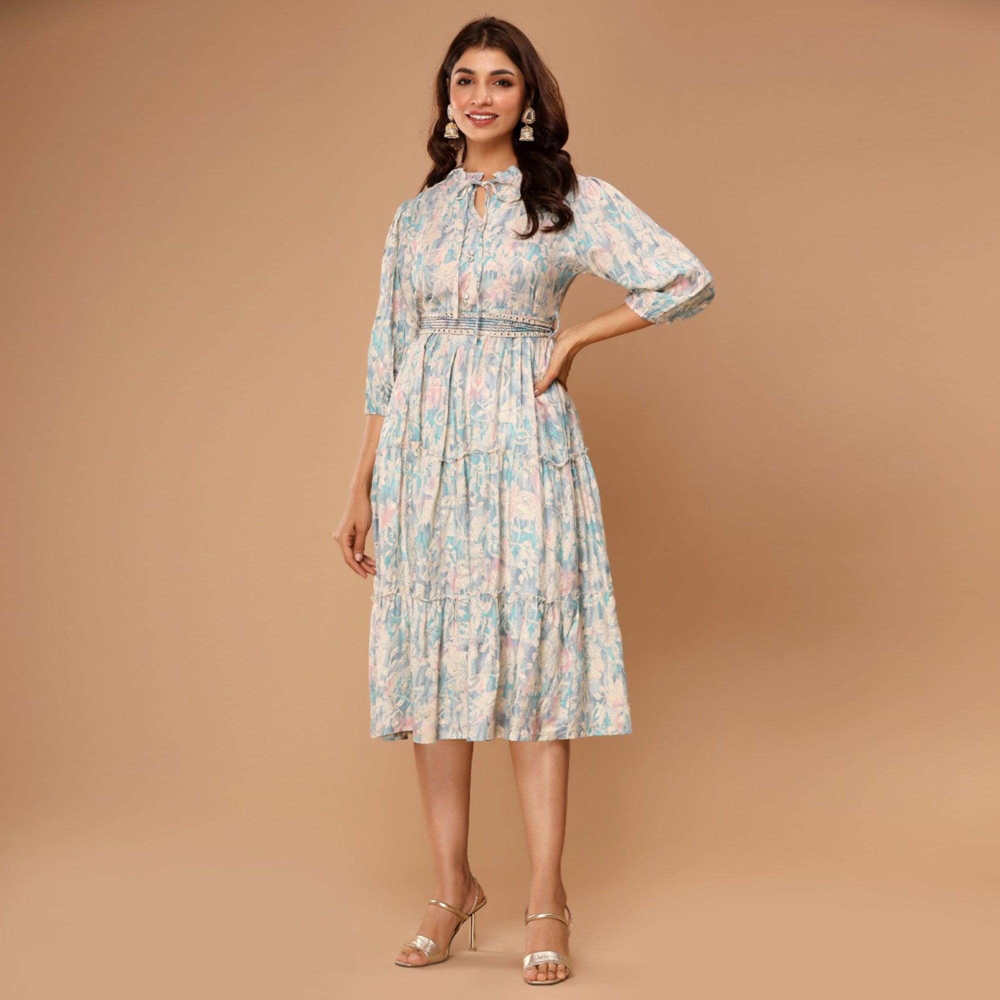 Blue Floral Printed Muslin Dress - Peachmode