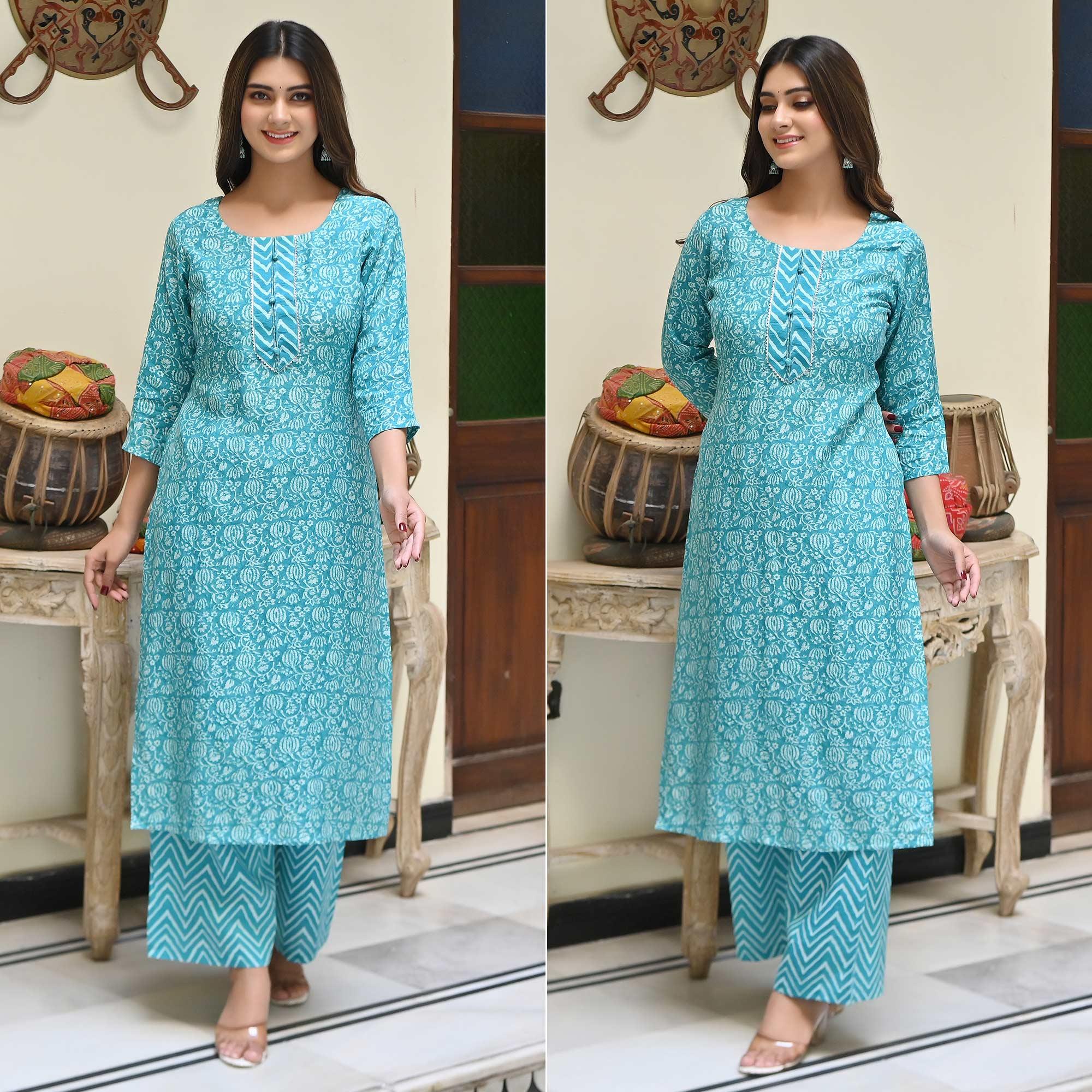 Blue Floral Printed Muslin Kurti Palazzo Set - Peachmode