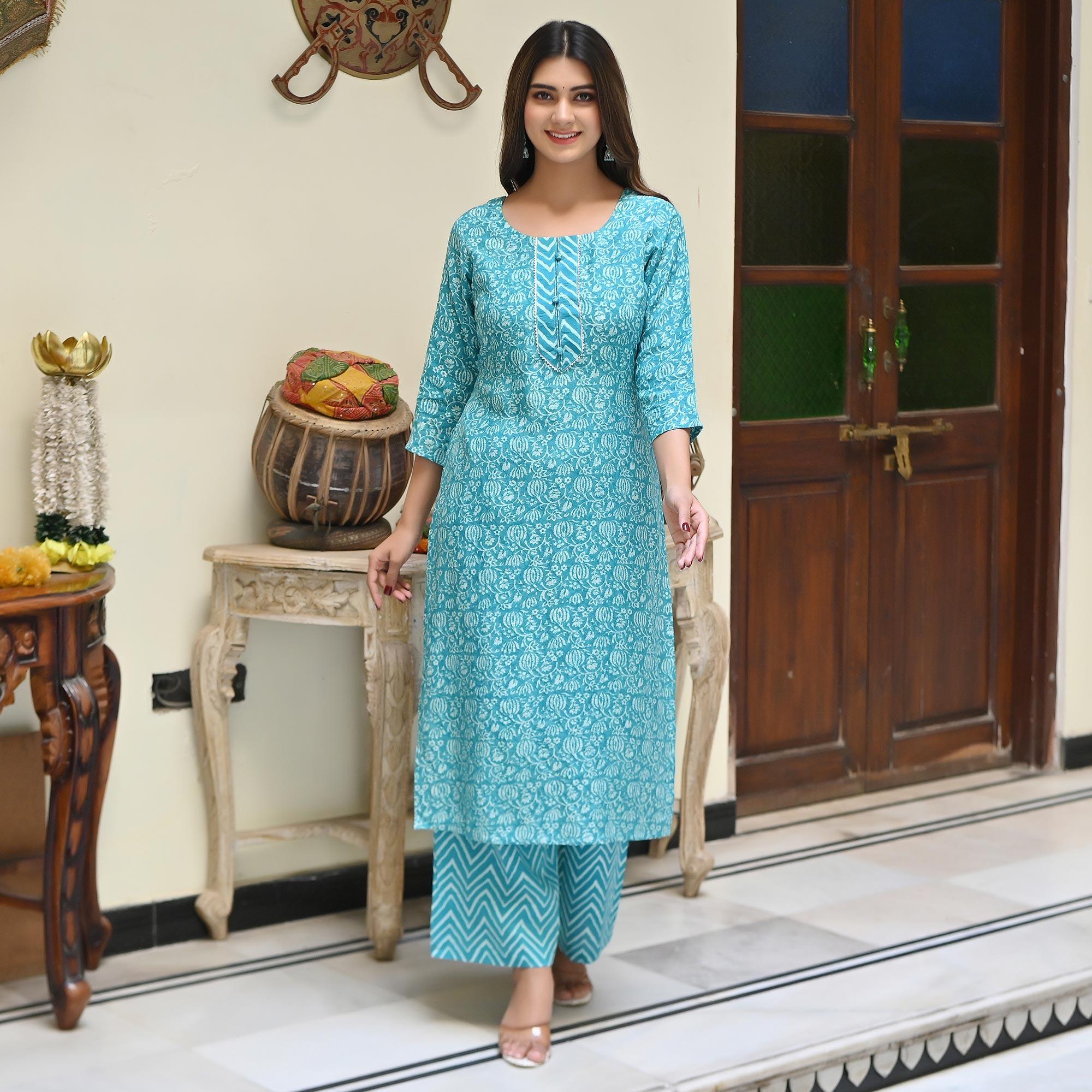 Blue Floral Printed Muslin Kurti Palazzo Set - Peachmode