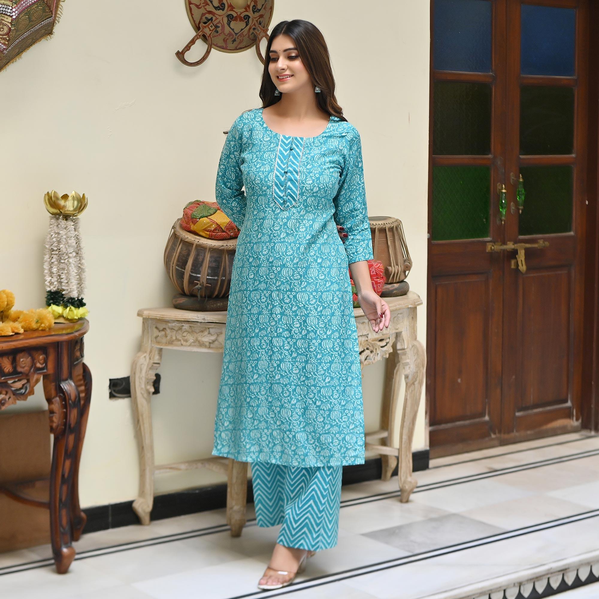 Blue Floral Printed Muslin Kurti Palazzo Set - Peachmode