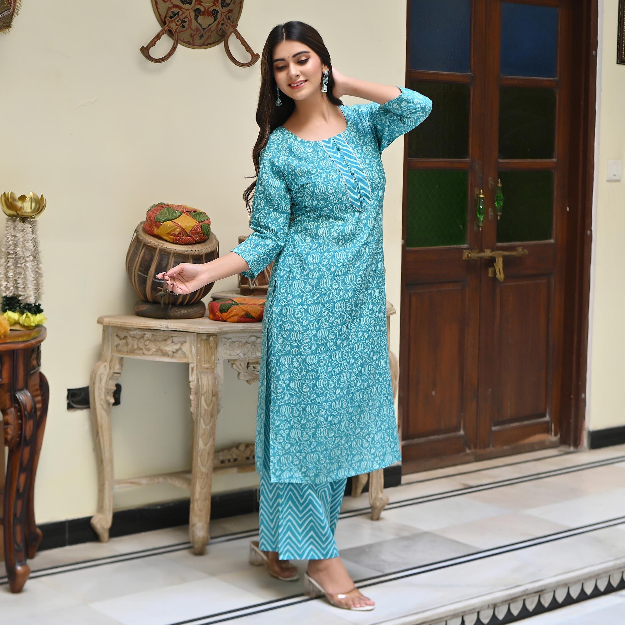 Blue Floral Printed Muslin Kurti Palazzo Set - Peachmode