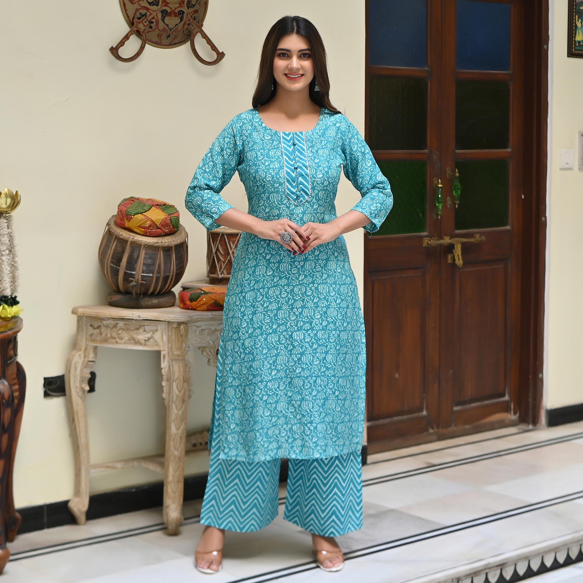 Blue Floral Printed Muslin Kurti Palazzo Set - Peachmode