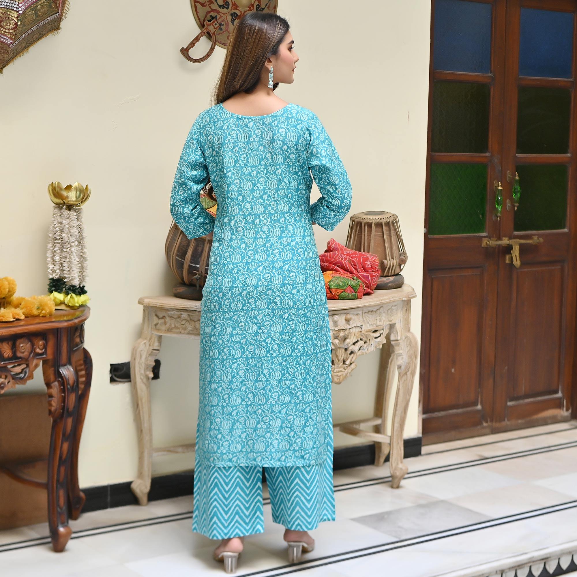 Blue Floral Printed Muslin Kurti Palazzo Set - Peachmode