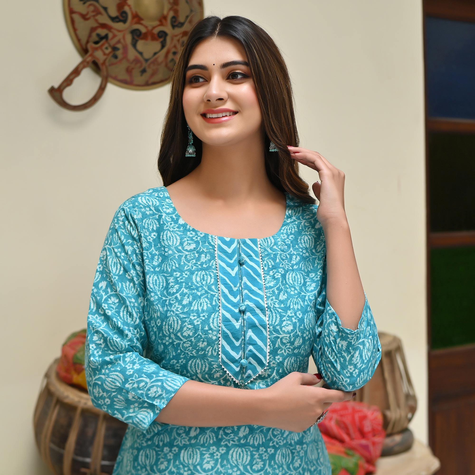 Blue Floral Printed Muslin Kurti Palazzo Set - Peachmode