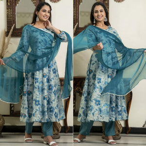 Blue Floral Printed Pure Cotton Anarkali Suit - Peachmode