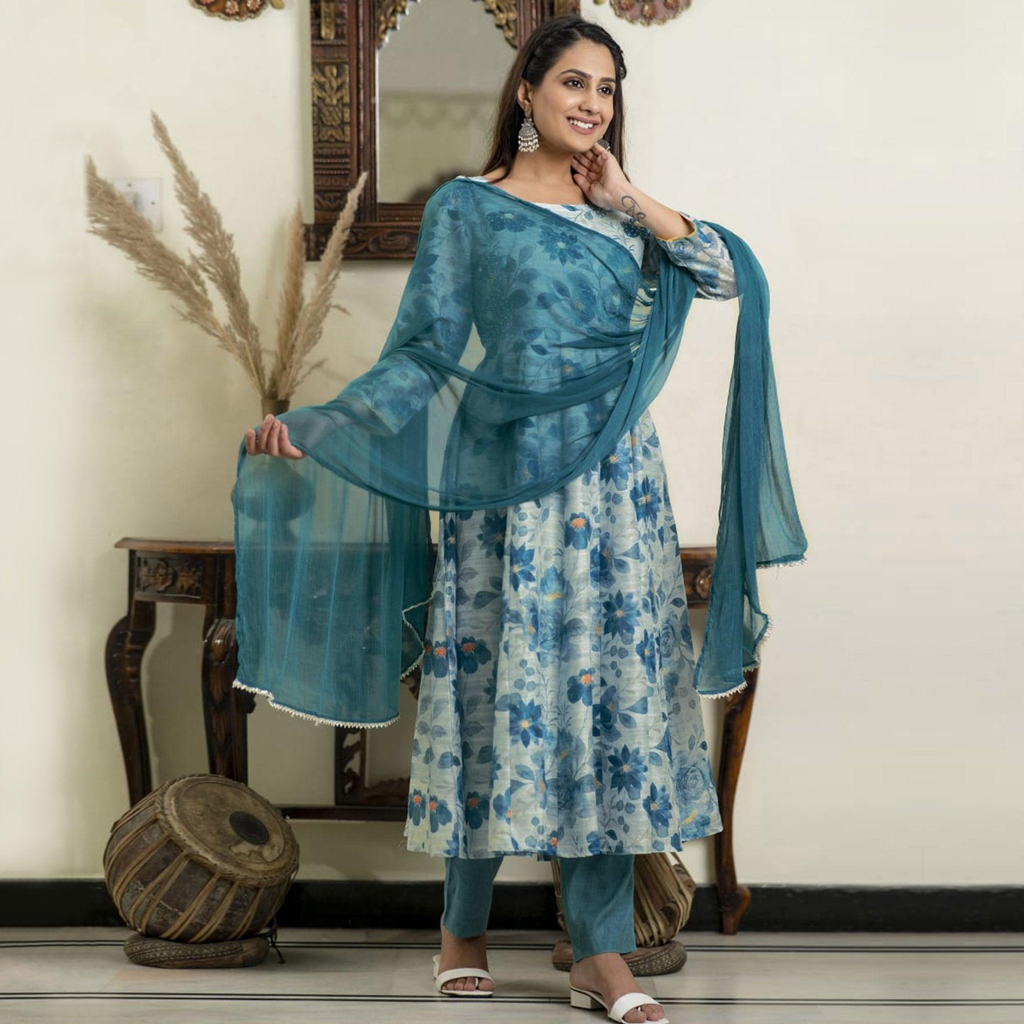 Blue Floral Printed Pure Cotton Anarkali Suit