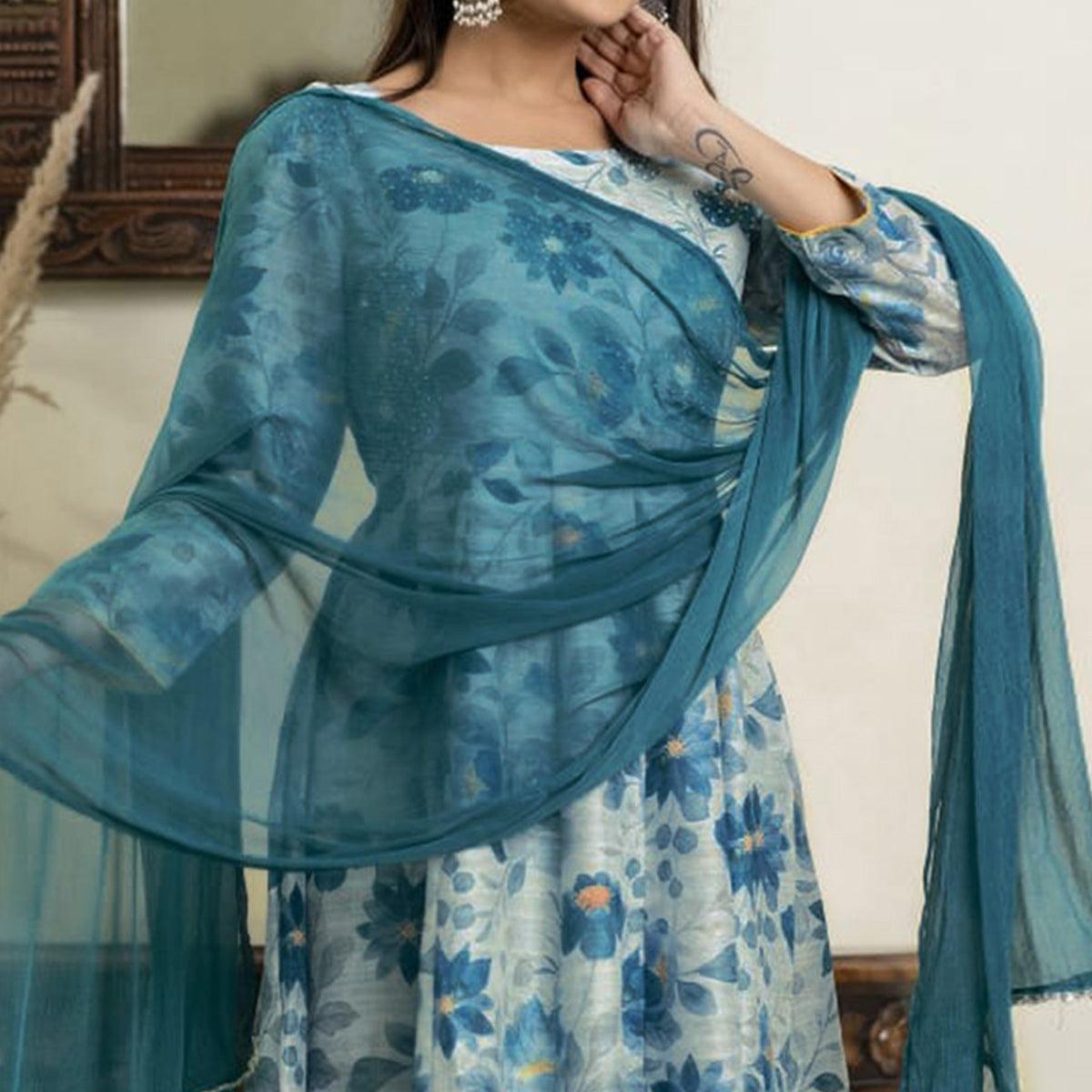 Blue Floral Printed Pure Cotton Anarkali Suit - Peachmode
