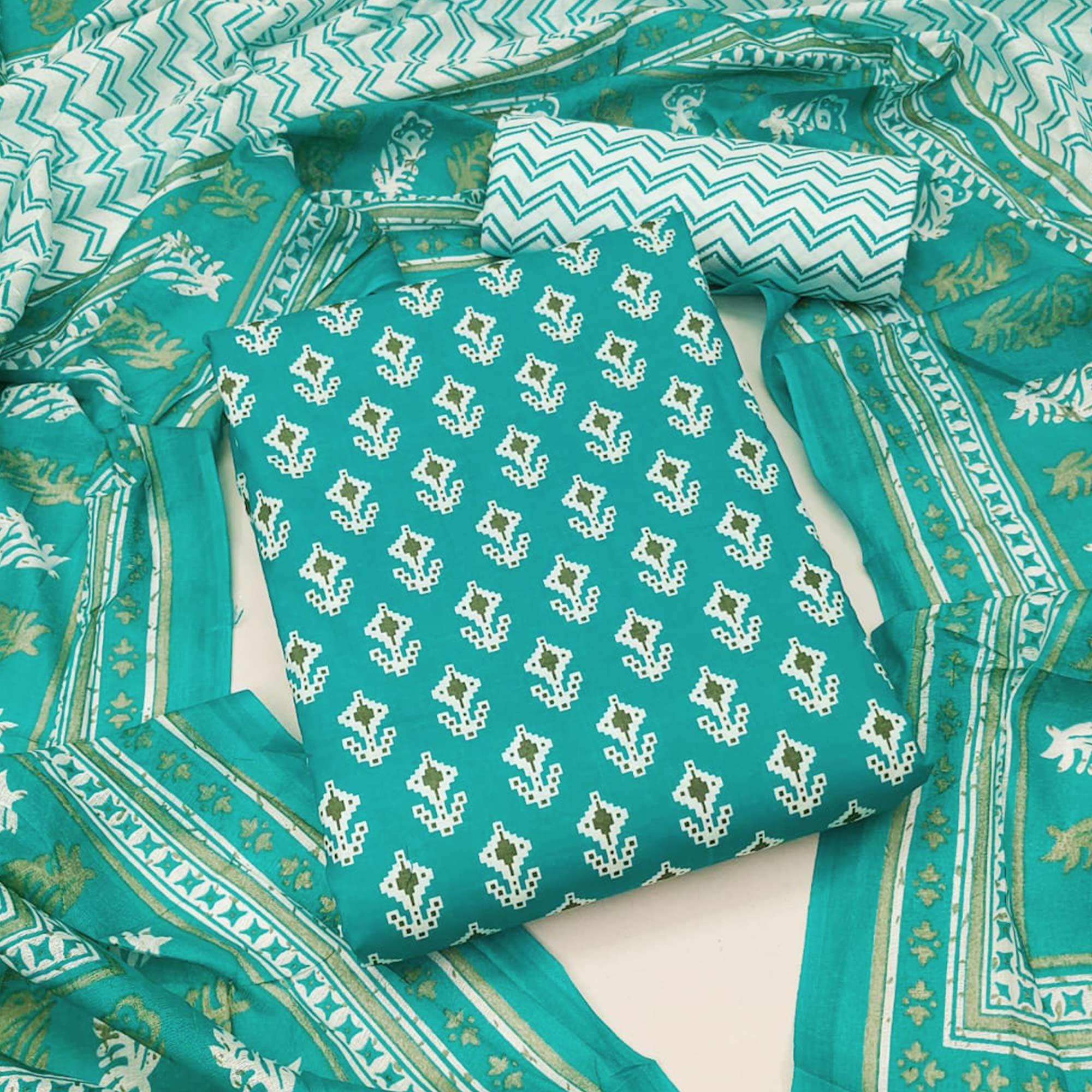 Blue Floral Printed Pure Cotton Dress Material - Peachmode