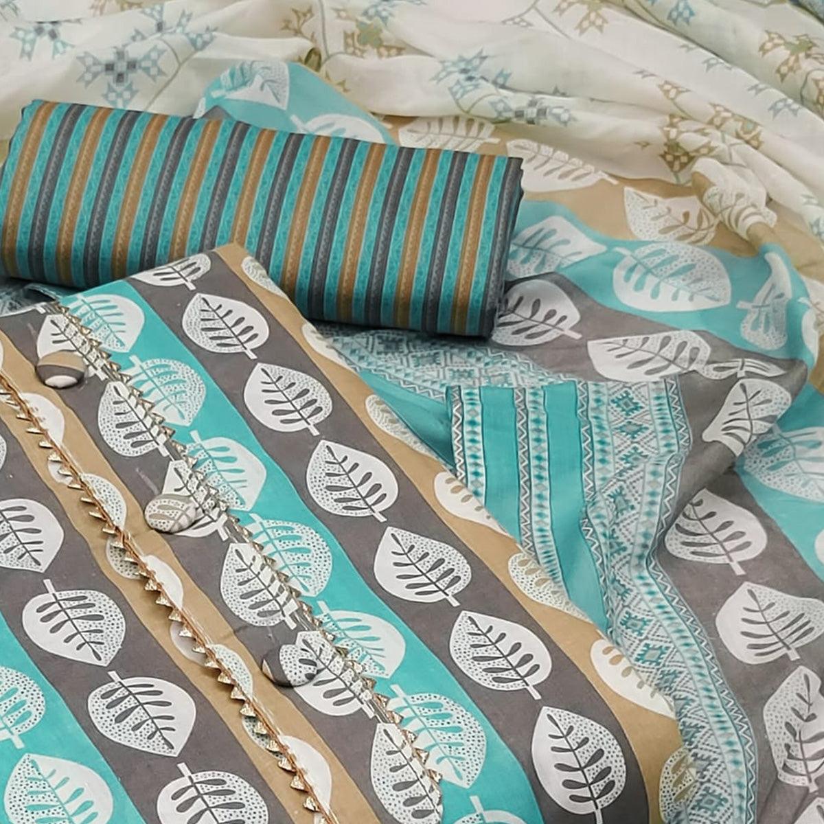 Blue Floral Printed Pure Cotton Dress Material - Peachmode