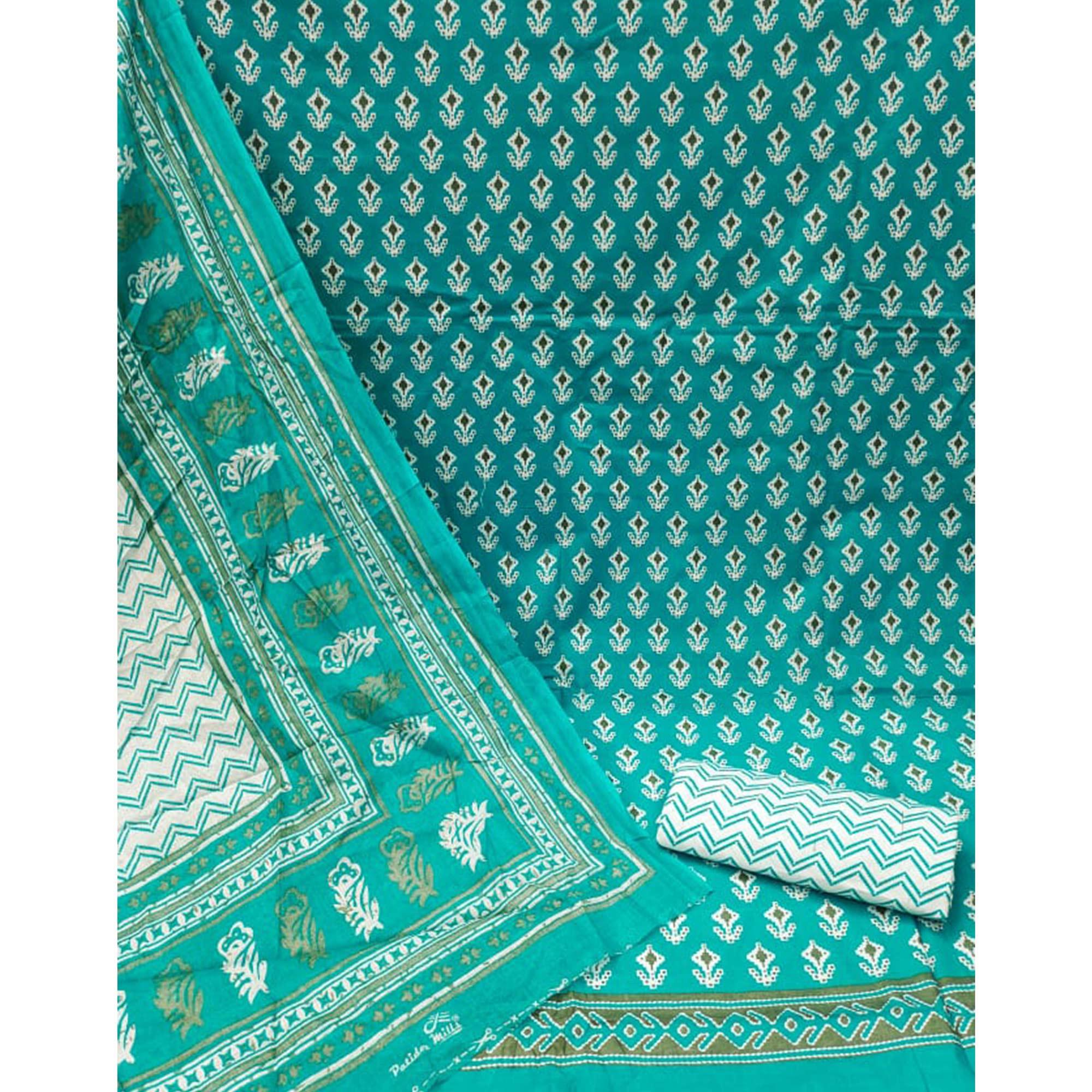 Blue Floral Printed Pure Cotton Dress Material - Peachmode