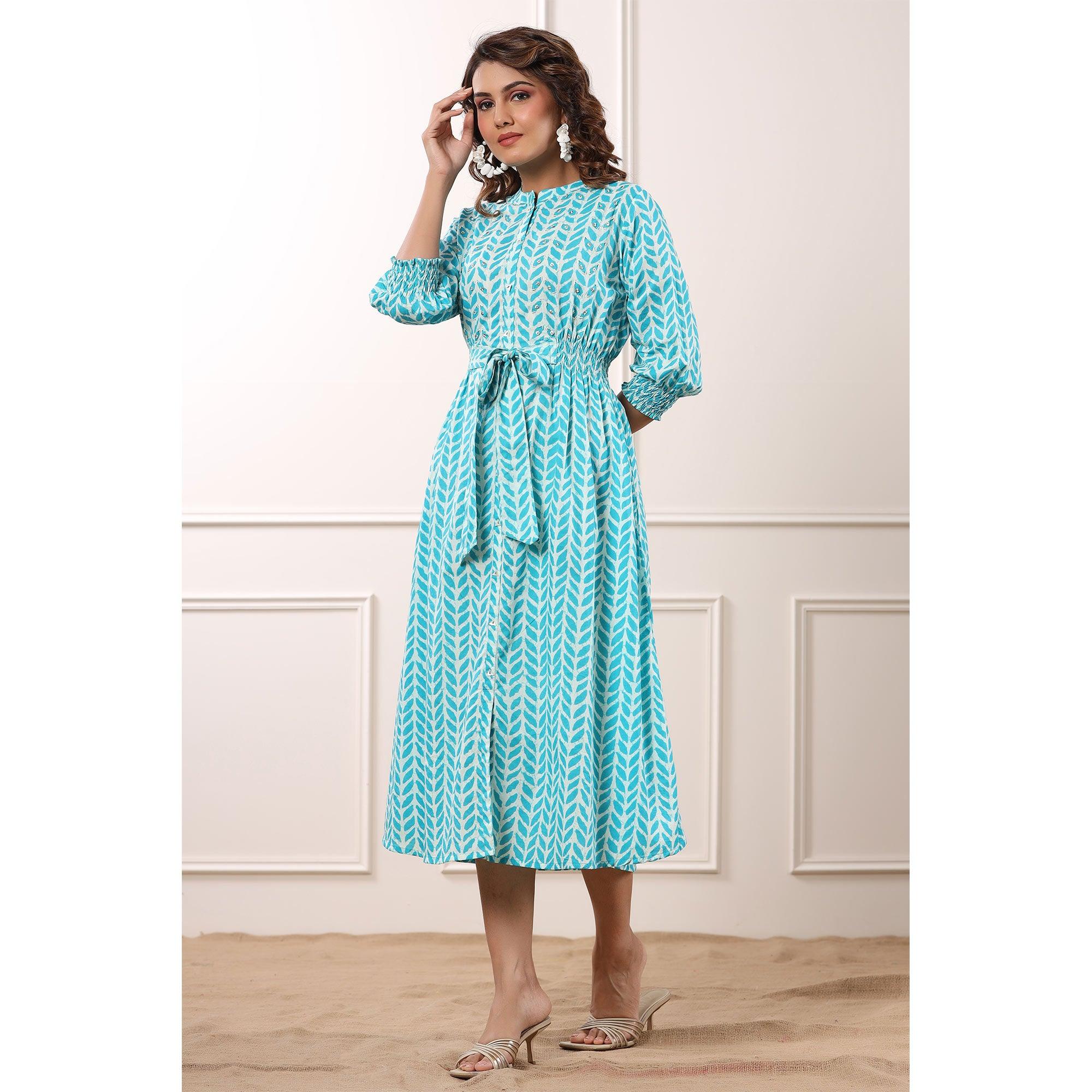 Blue Floral Printed Pure Cotton Dress