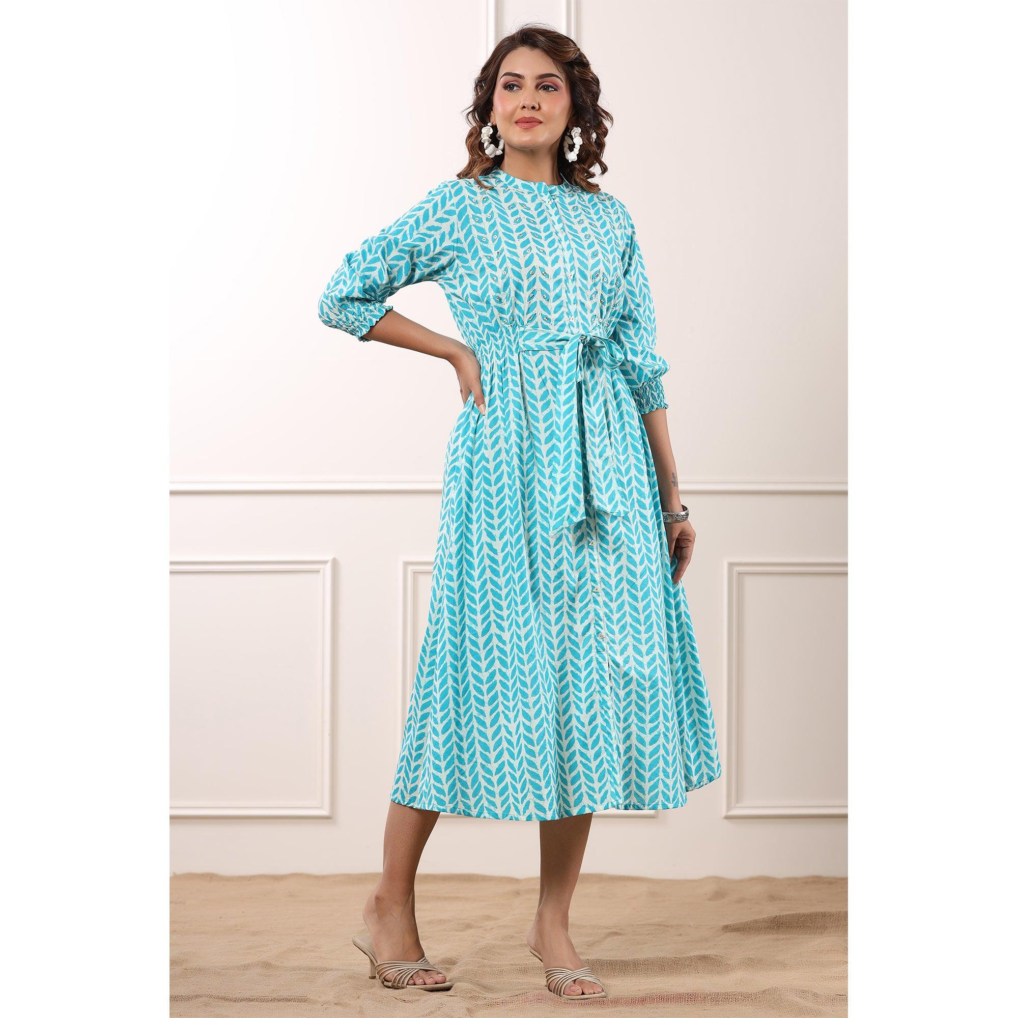 Blue Floral Printed Pure Cotton Dress