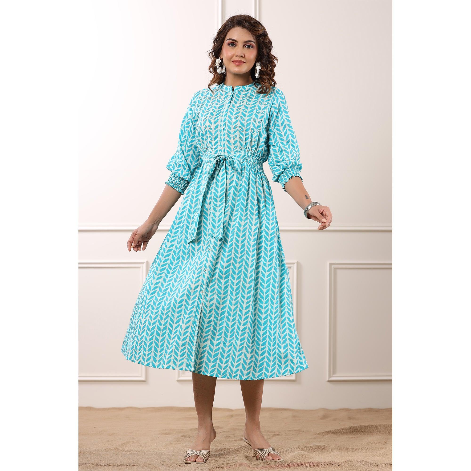 Blue Floral Printed Pure Cotton Dress