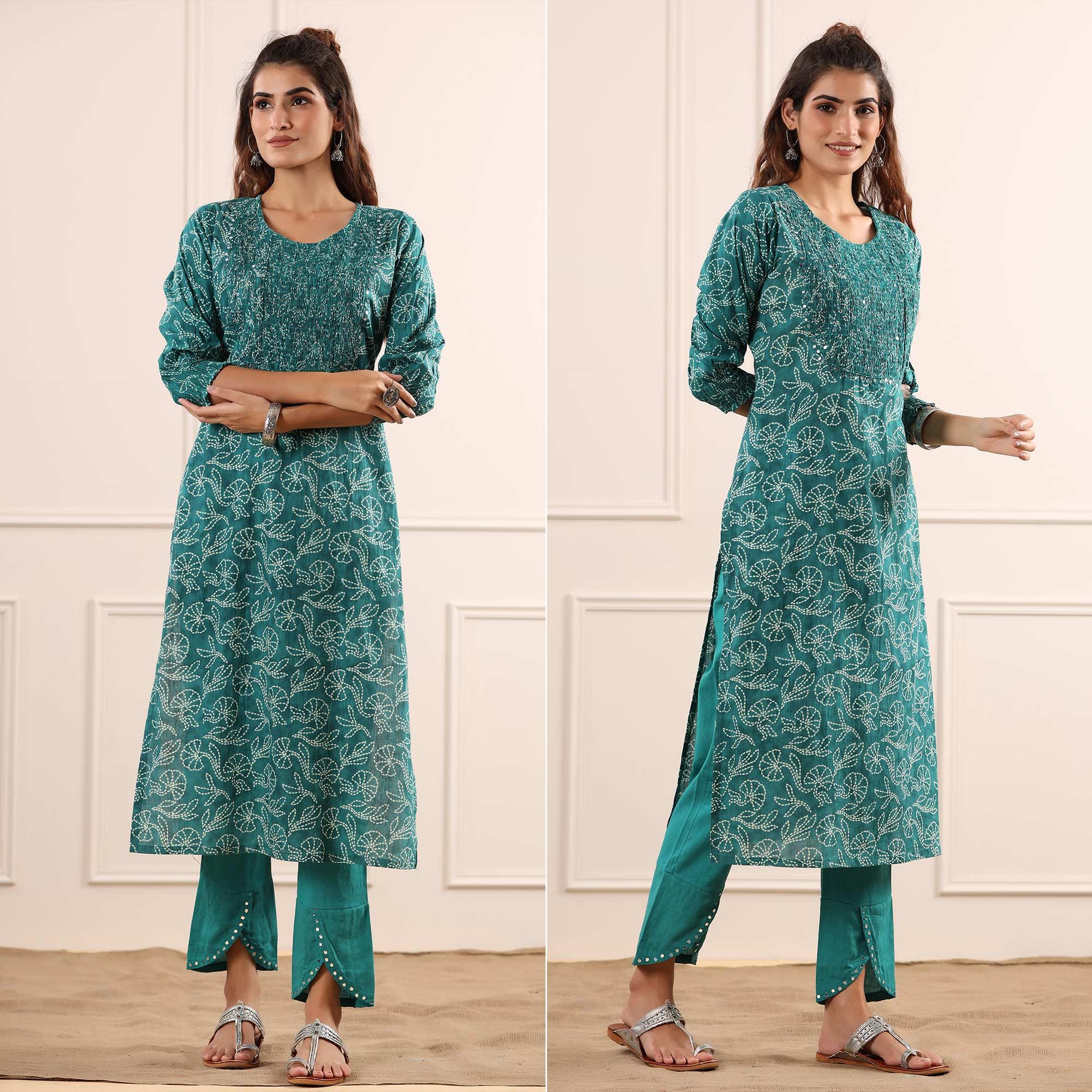 Blue Floral Printed Pure Cotton Kurti Pant Set - Peachmode