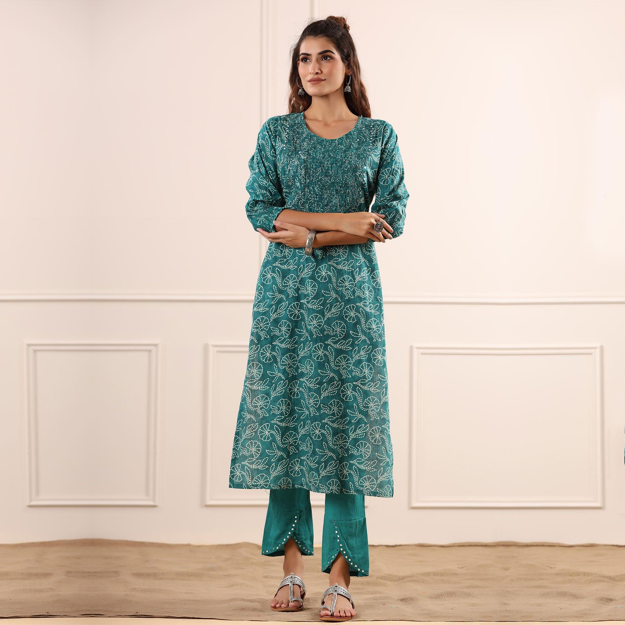 Blue Floral Printed Pure Cotton Kurti Pant Set - Peachmode