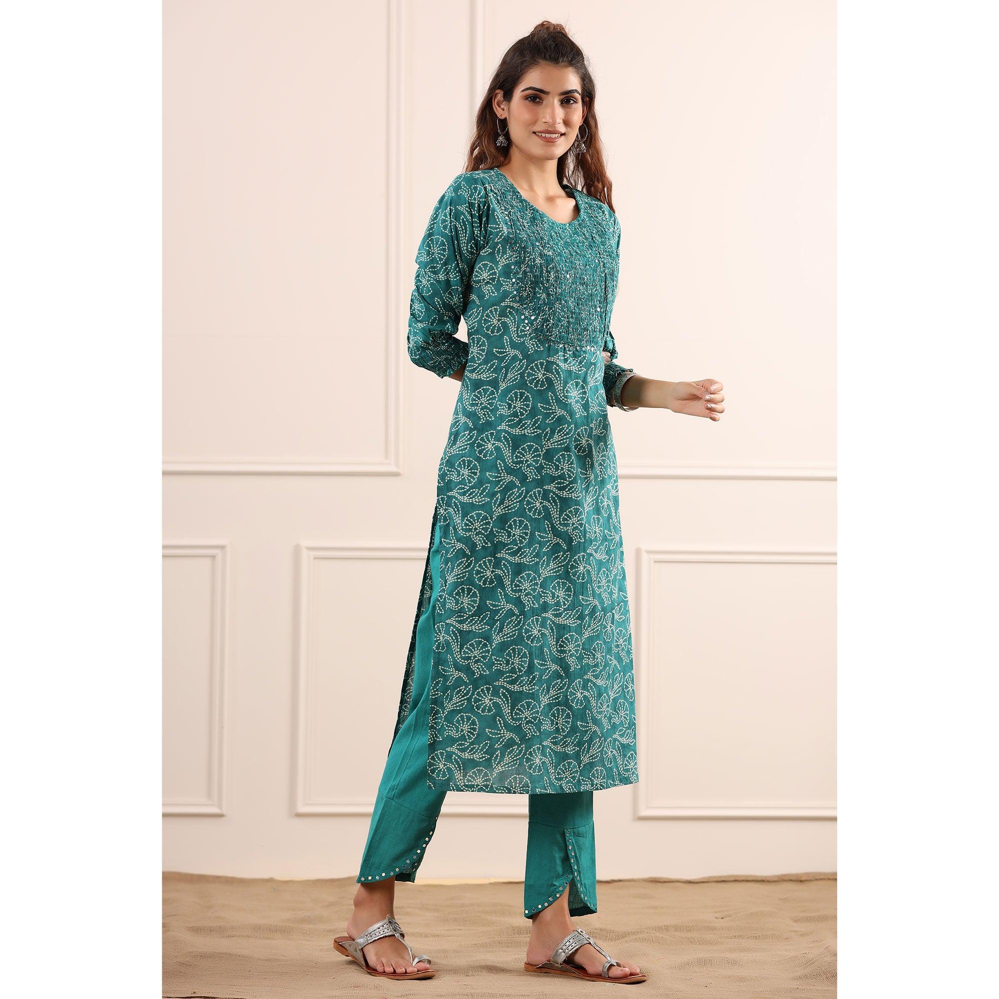 Blue Floral Printed Pure Cotton Kurti Pant Set - Peachmode