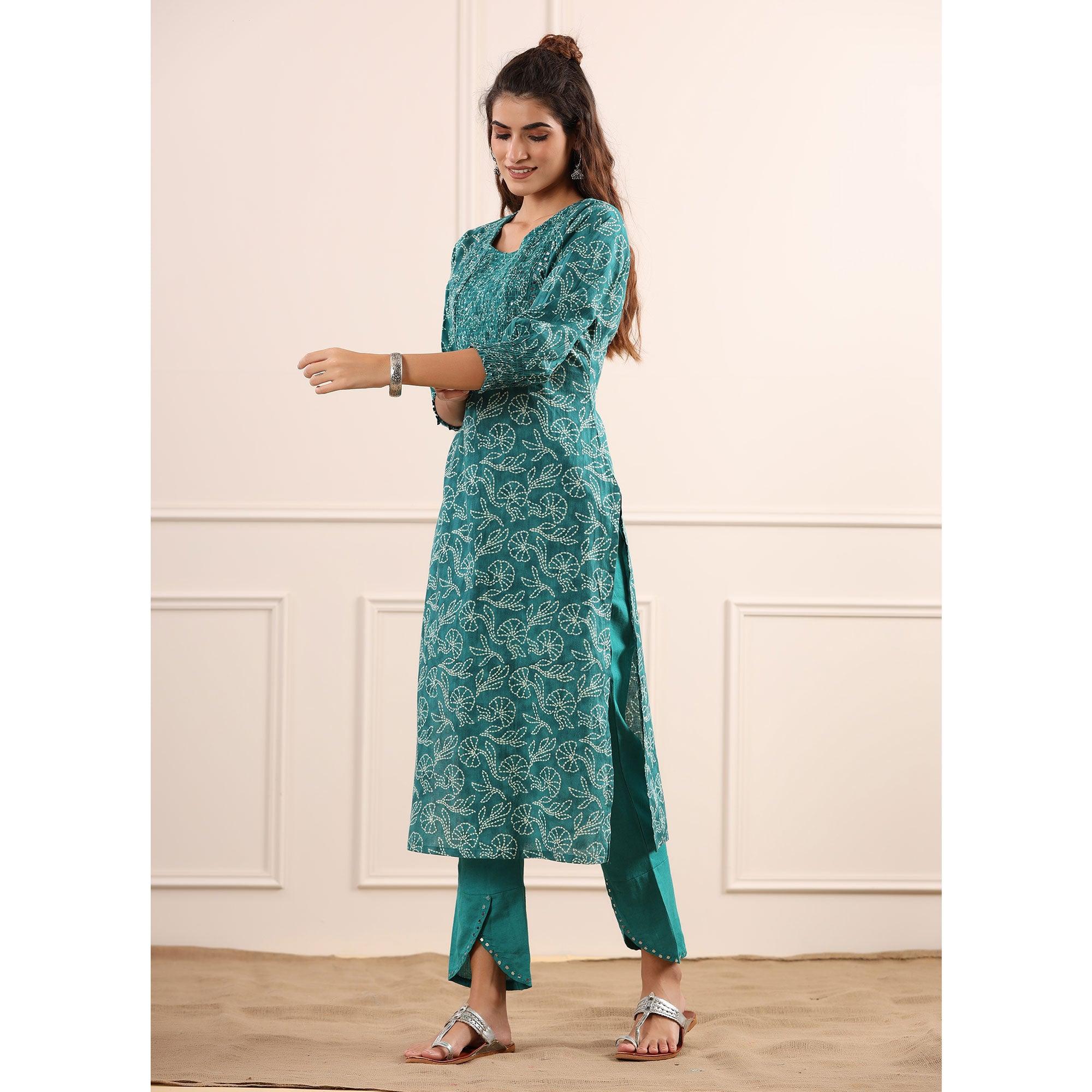 Blue Floral Printed Pure Cotton Kurti Pant Set - Peachmode