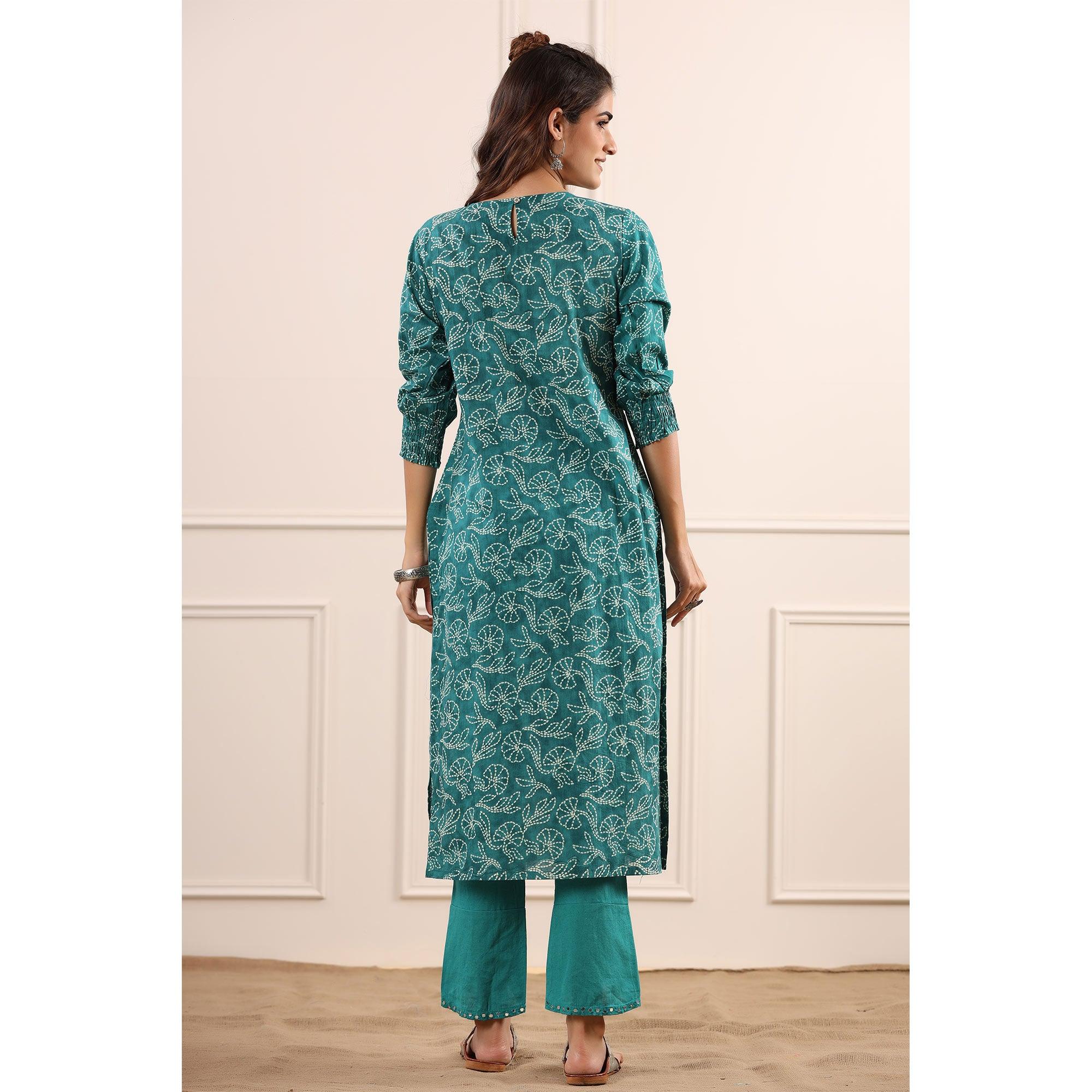 Blue Floral Printed Pure Cotton Kurti Pant Set - Peachmode