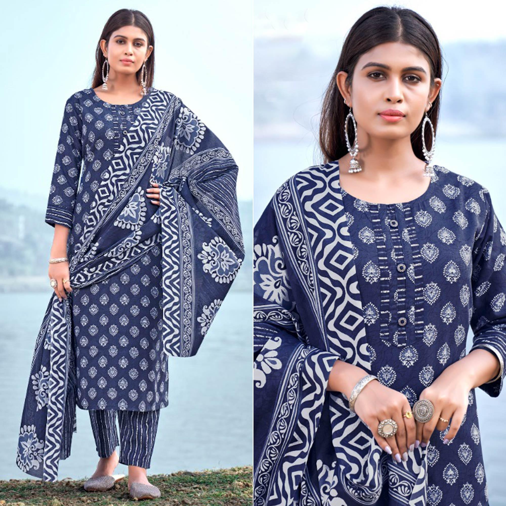 Blue Floral Printed Pure Cotton Kurti Pant Set With Dupatta - Peachmode