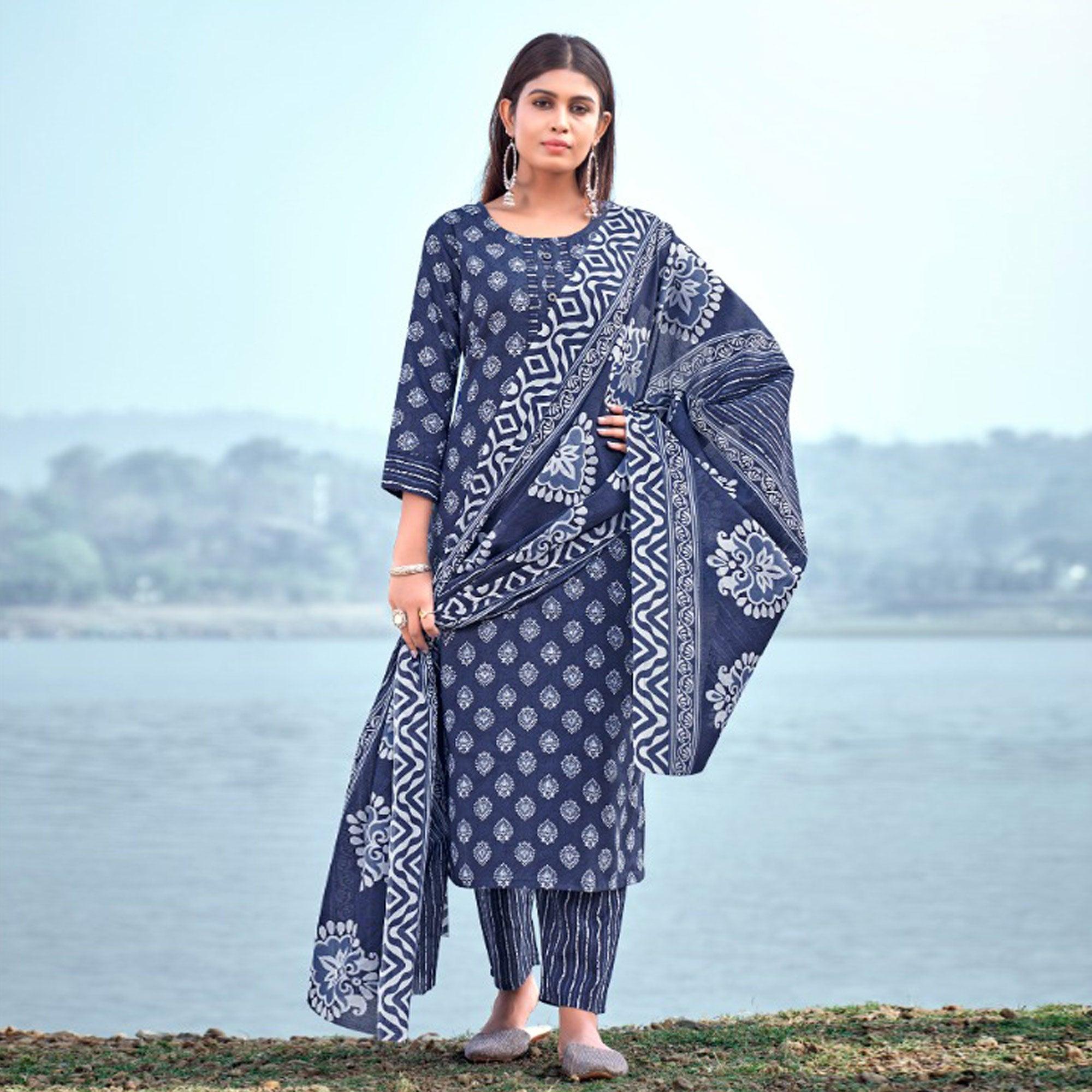 Blue Floral Printed Pure Cotton Kurti Pant Set With Dupatta - Peachmode