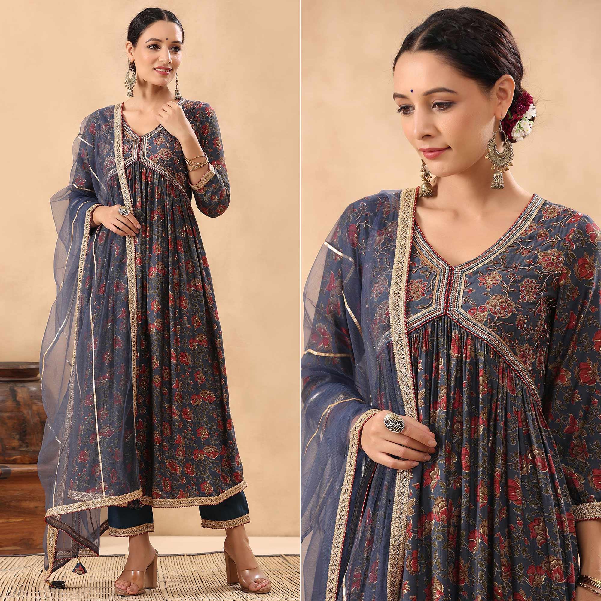 Blue Floral Printed Pure Cotton Salwar Suit