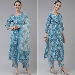 Blue Floral Printed Pure Cotton Salwar Suit - Peachmode
