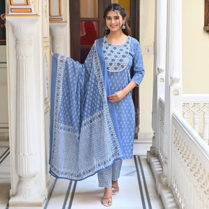 Blue Floral Printed Pure Cotton Salwar Suit - Peachmode