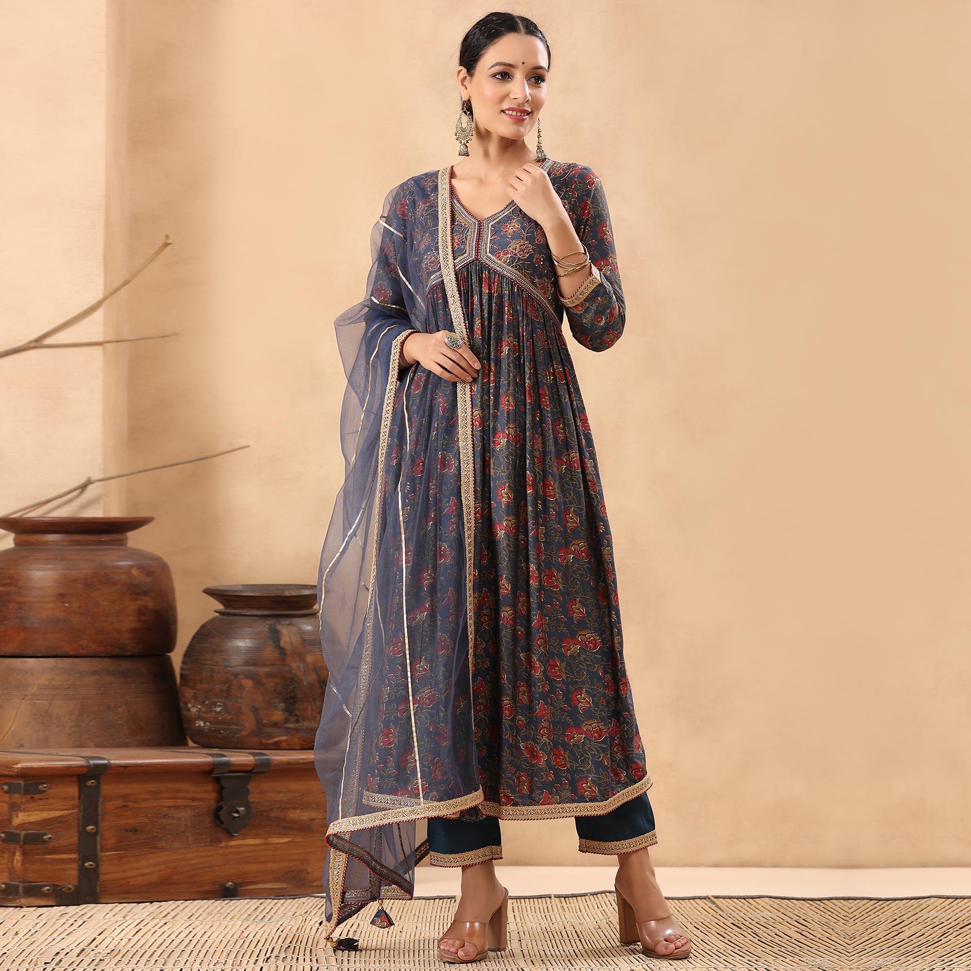 Blue Floral Printed Pure Cotton Salwar Suit - Peachmode