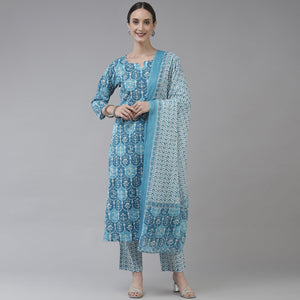 Blue Floral Printed Pure Cotton Salwar Suit - Peachmode