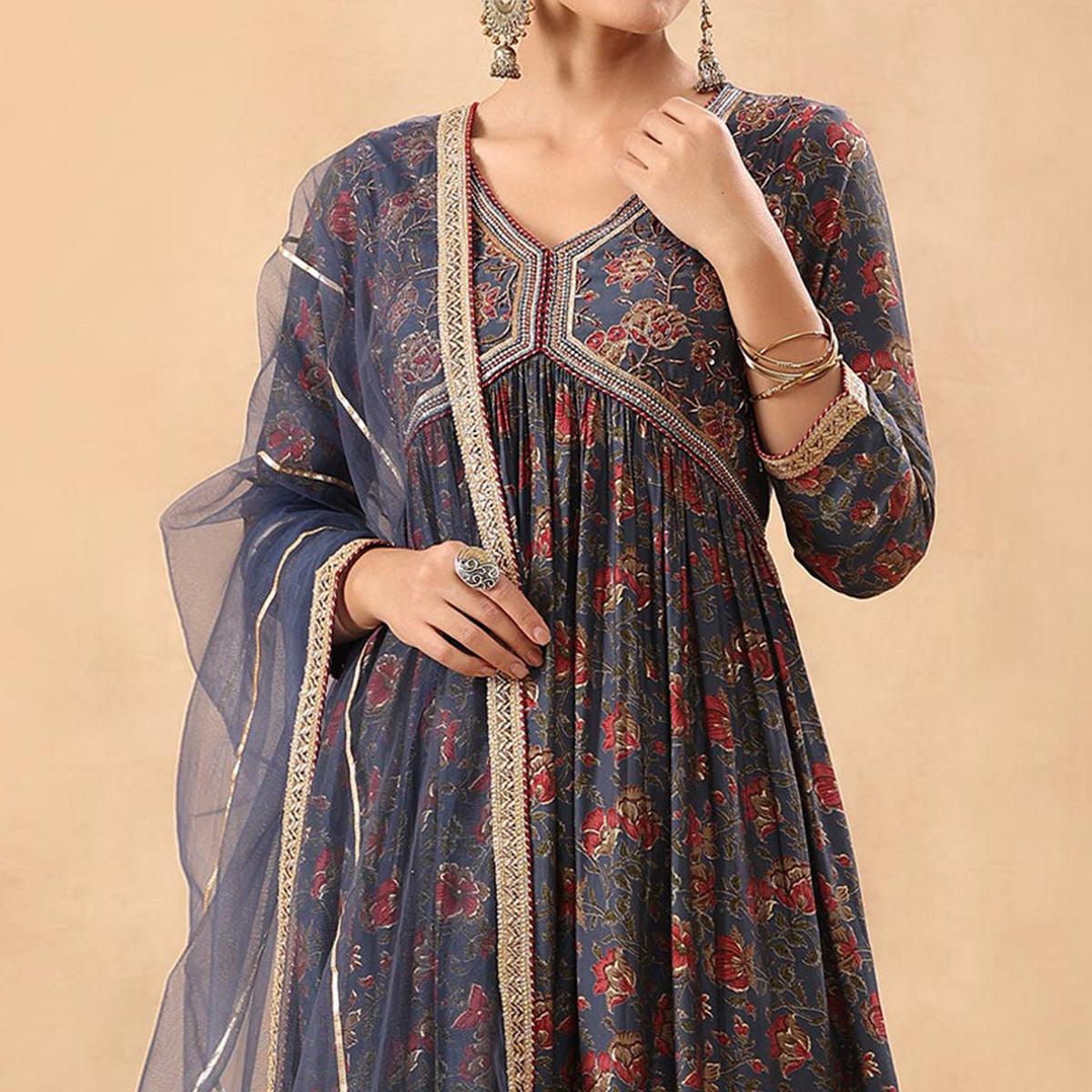 Blue Floral Printed Pure Cotton Salwar Suit - Peachmode