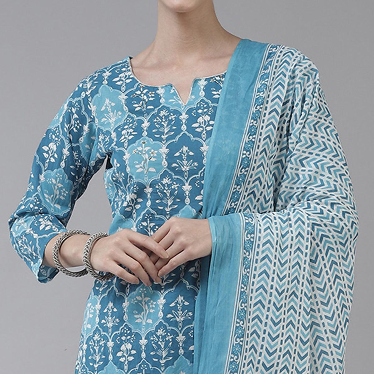 Blue Floral Printed Pure Cotton Salwar Suit - Peachmode