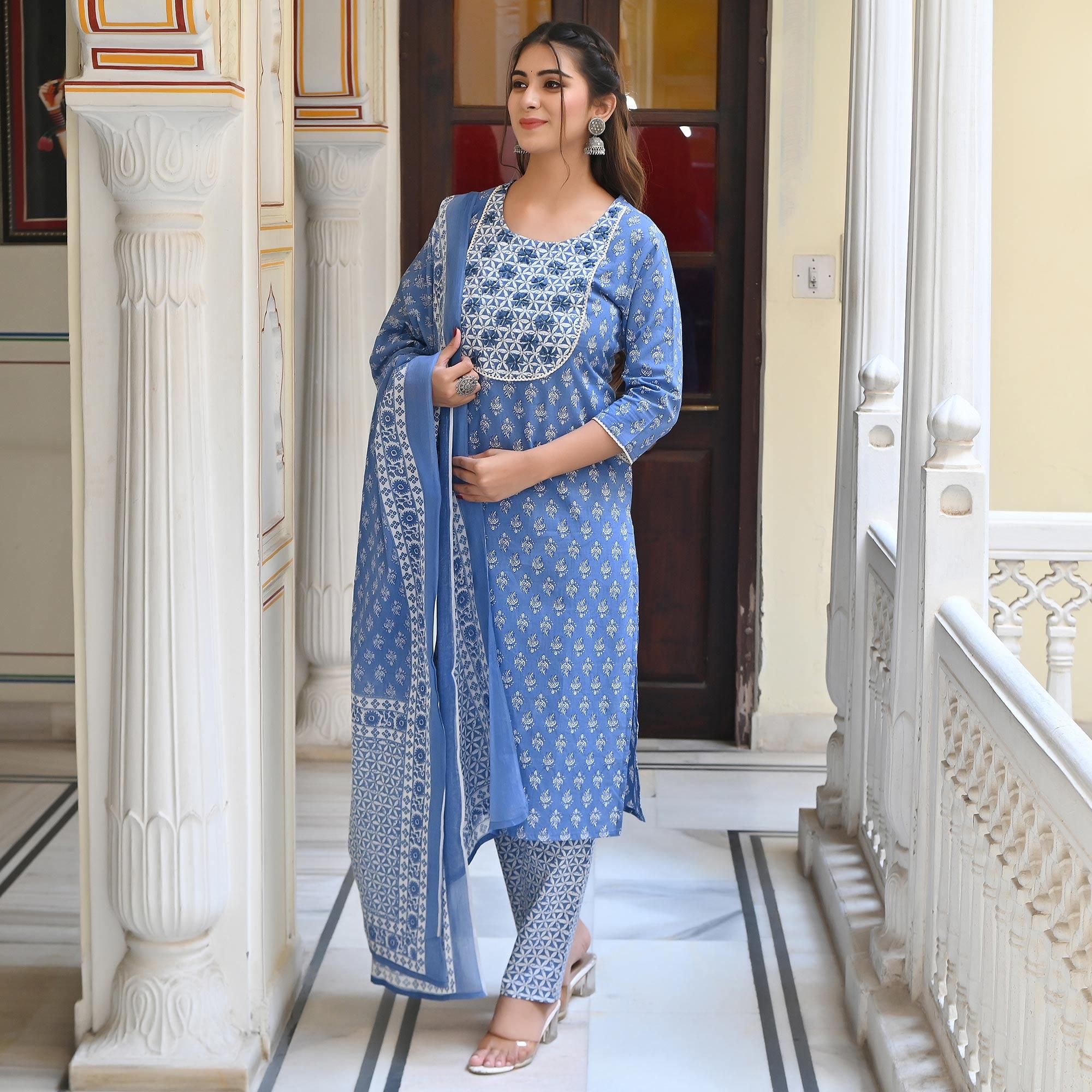 Blue Floral Printed Pure Cotton Salwar Suit - Peachmode