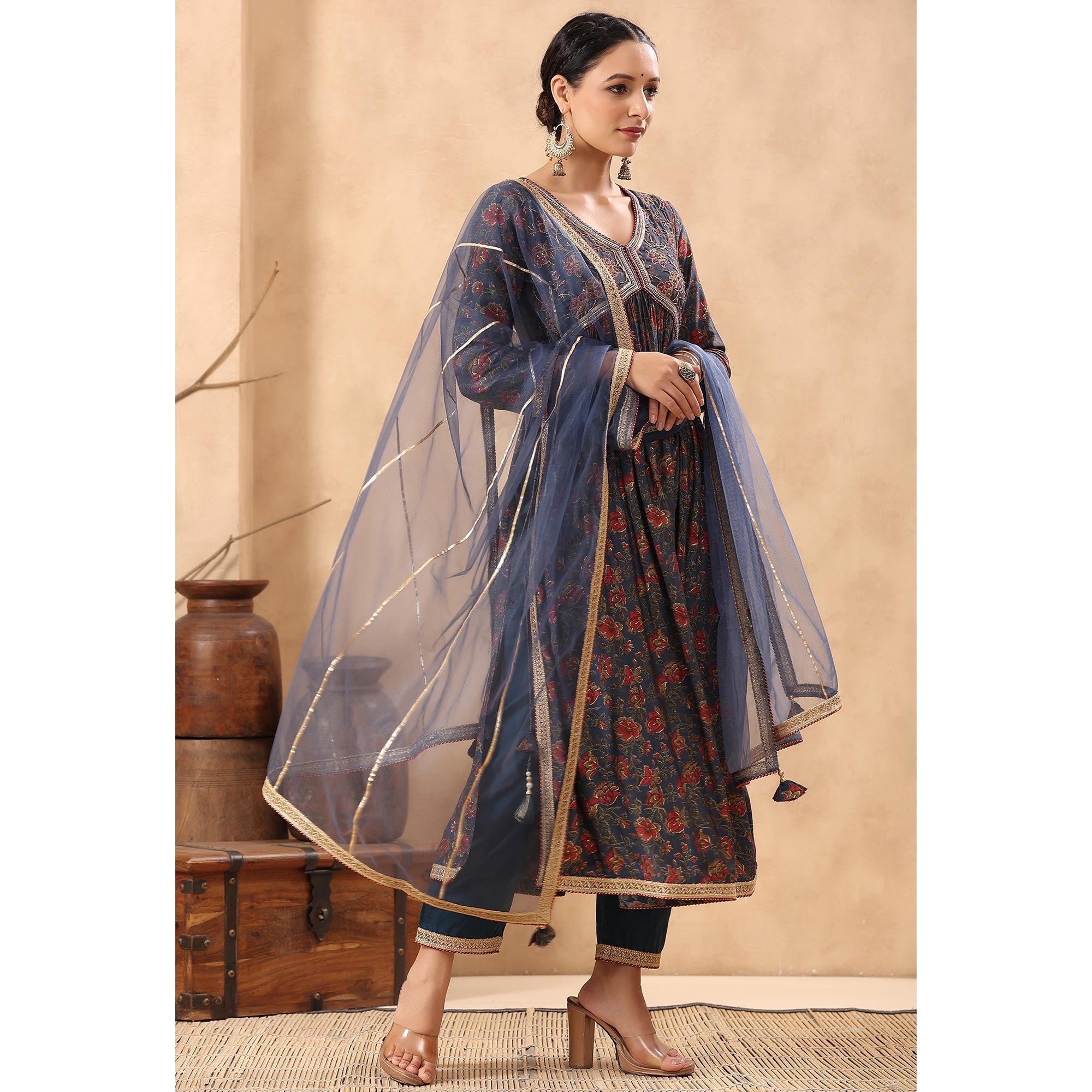 Blue Floral Printed Pure Cotton Salwar Suit - Peachmode