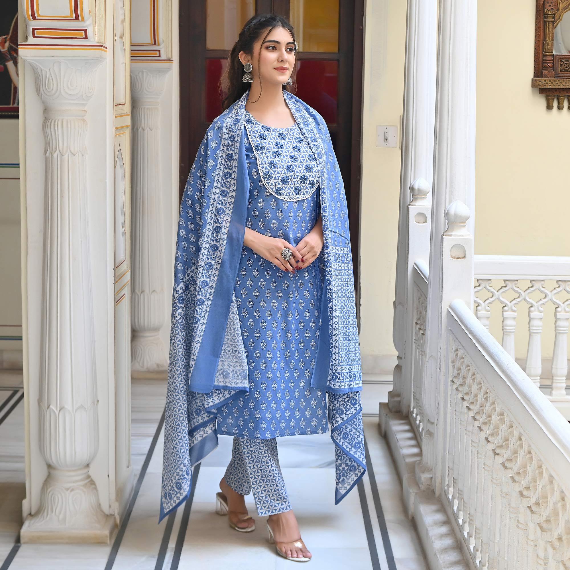 Blue Floral Printed Pure Cotton Salwar Suit - Peachmode
