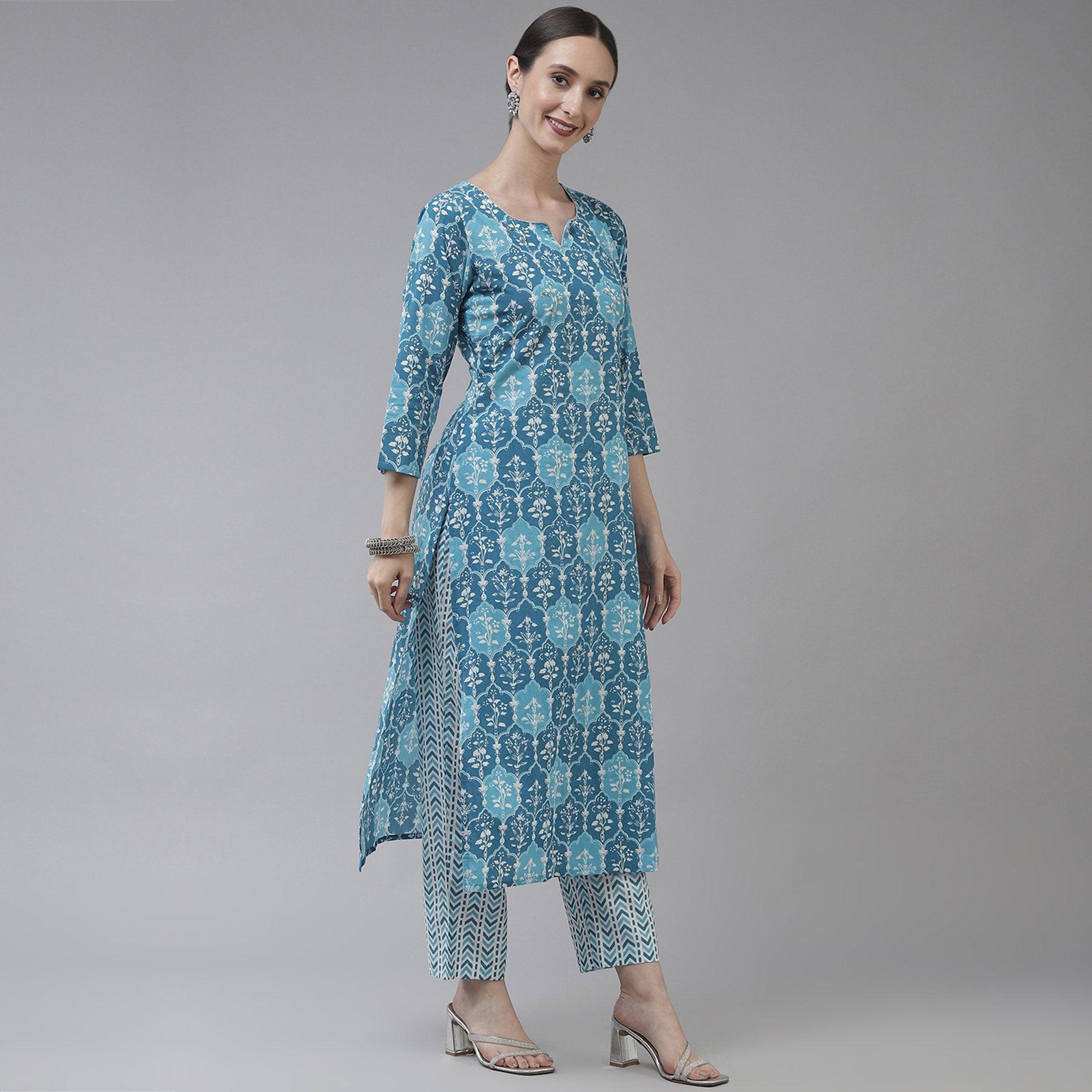Blue Floral Printed Pure Cotton Salwar Suit - Peachmode