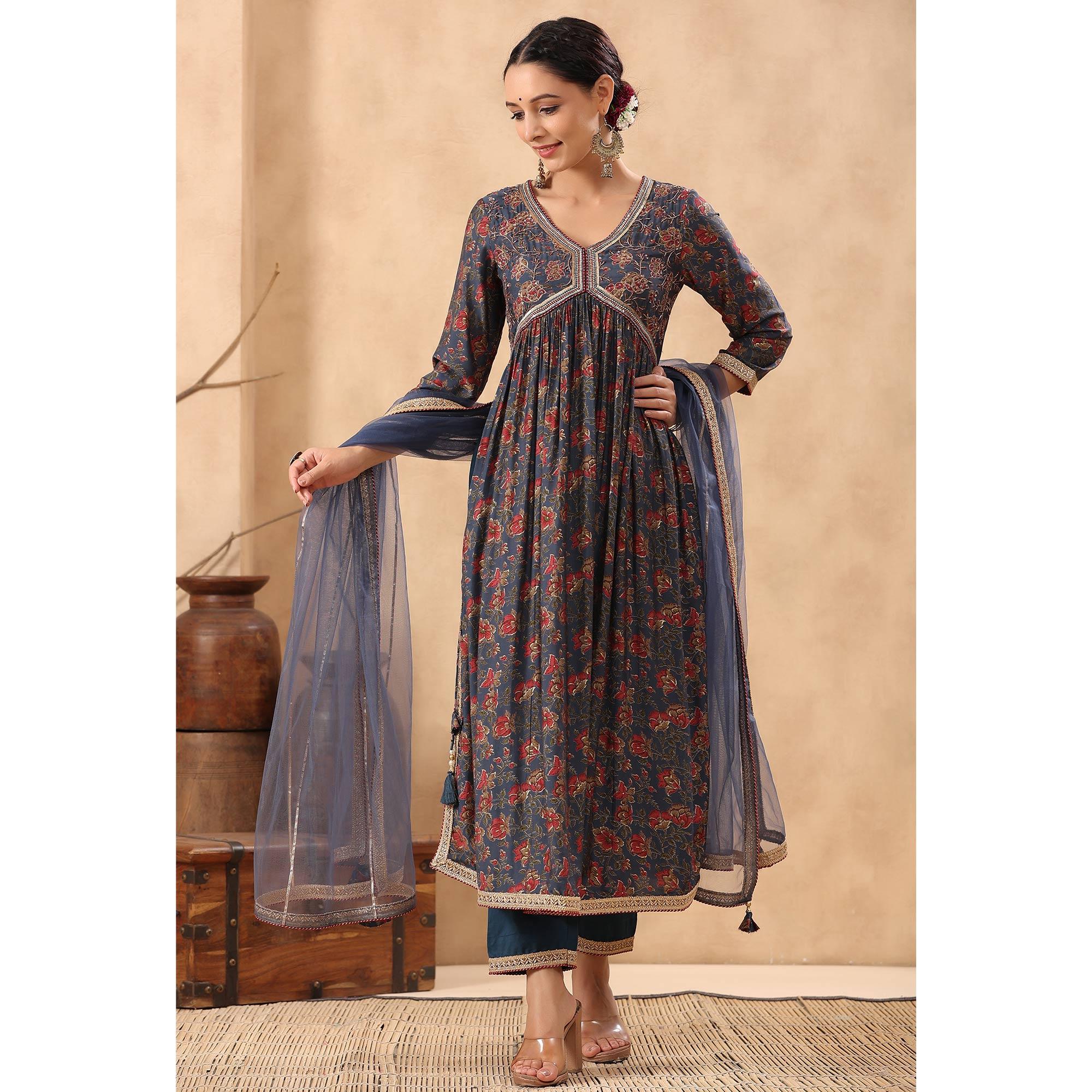 Blue Floral Printed Pure Cotton Salwar Suit - Peachmode