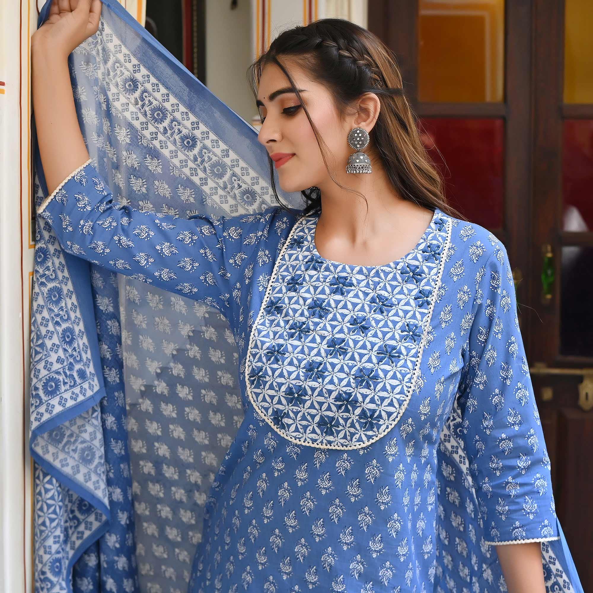 Blue Floral Printed Pure Cotton Salwar Suit - Peachmode