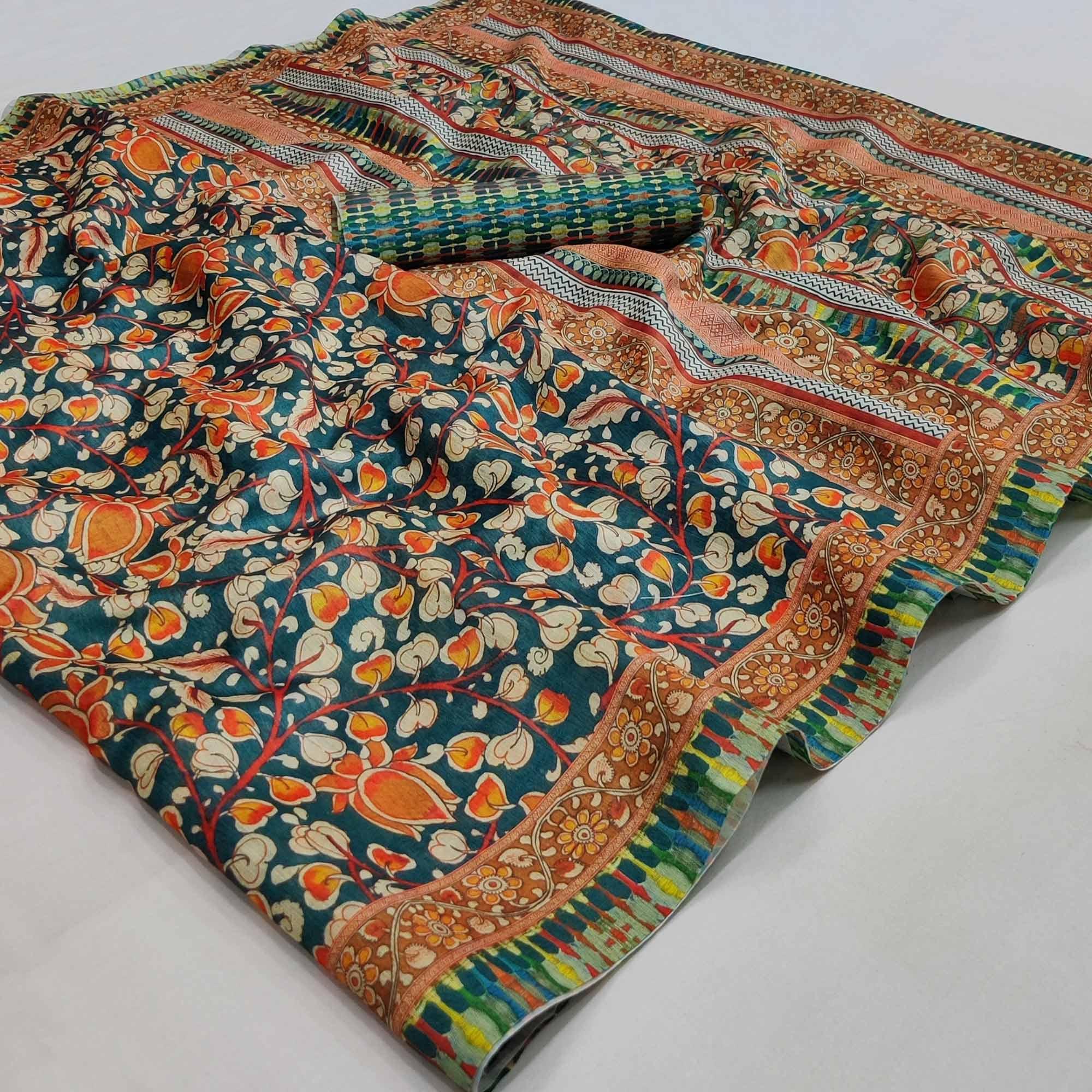 Blue Floral Printed Pure Cotton Saree - Peachmode
