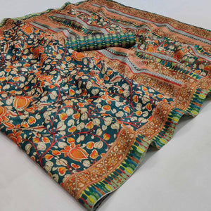 Blue Floral Printed Pure Cotton Saree - Peachmode