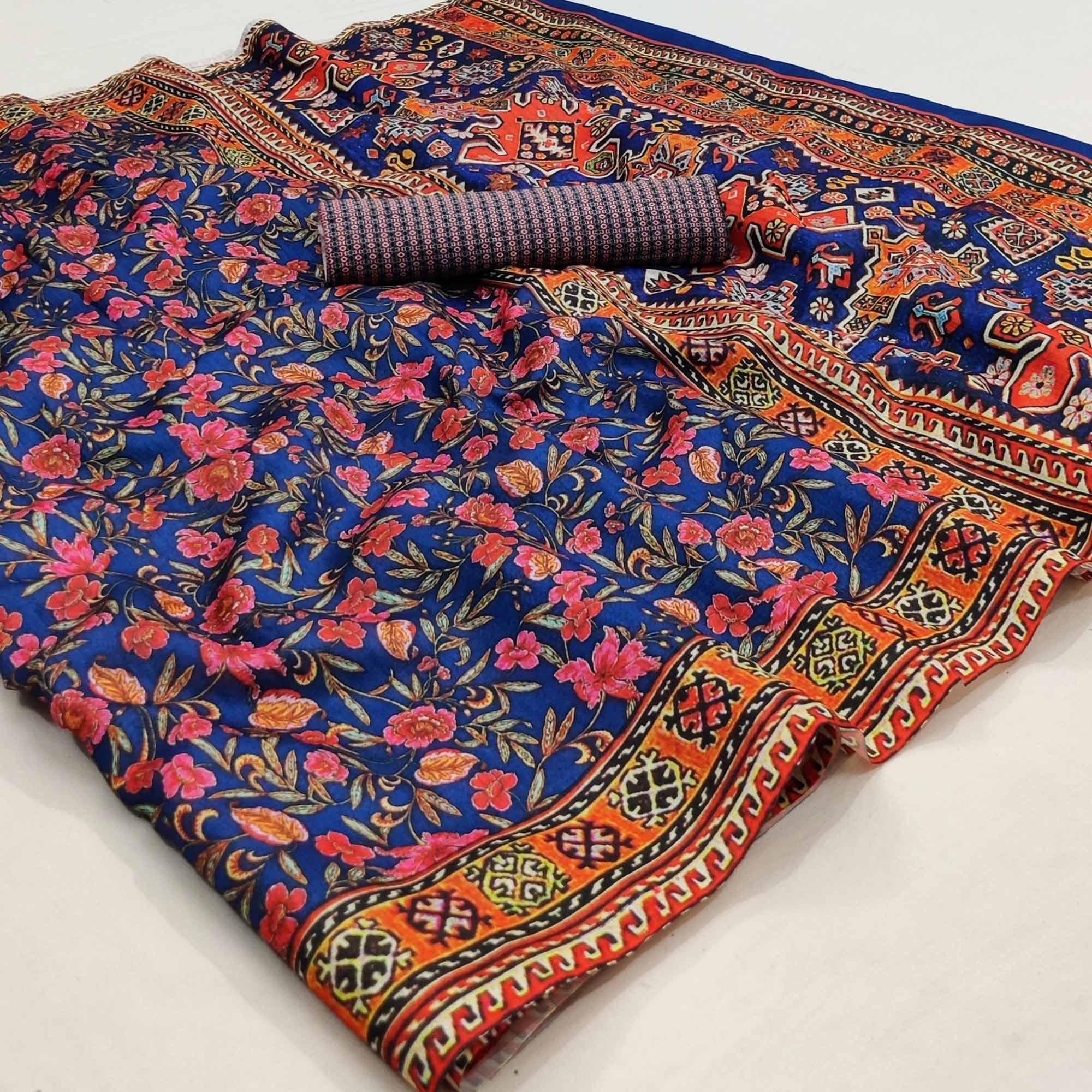 Blue Floral Printed Pure Cotton Saree - Peachmode