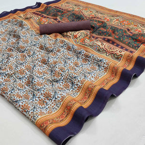 Blue Floral Printed Pure Cotton Saree - Peachmode