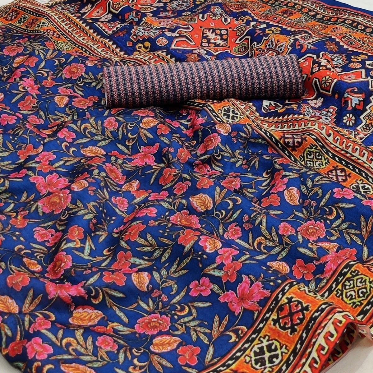 Blue Floral Printed Pure Cotton Saree - Peachmode