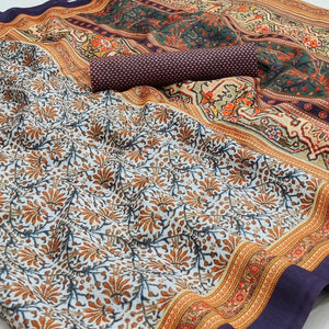 Blue Floral Printed Pure Cotton Saree - Peachmode