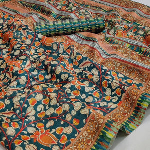 Blue Floral Printed Pure Cotton Saree - Peachmode