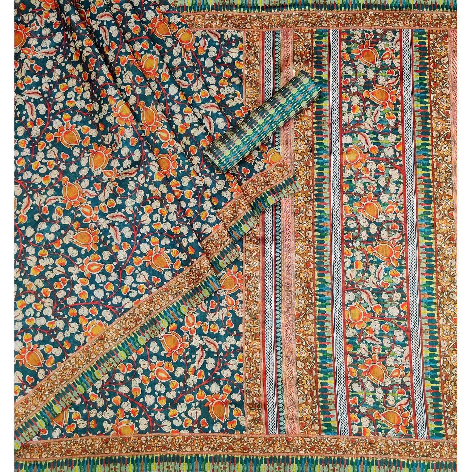 Blue Floral Printed Pure Cotton Saree - Peachmode